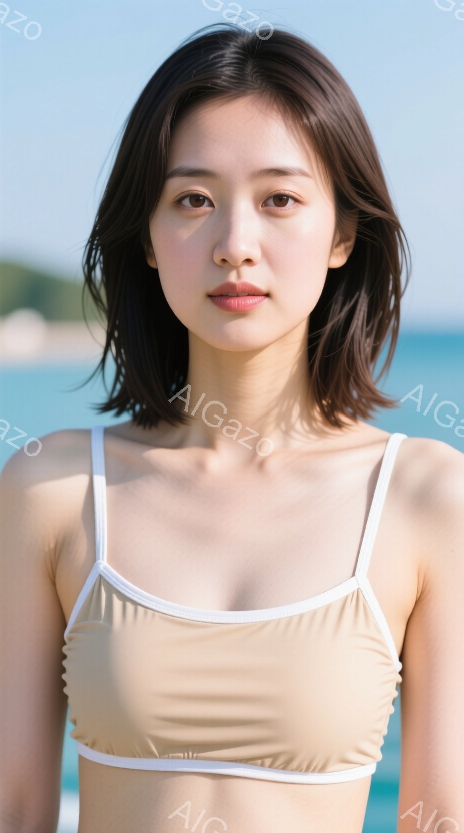 画像は、明るい茶色のビキニトップを身に着けた若い女性を捉えています。彼女は肩まで届く長さのダークブラウンの髪を持ち、穏やかな表情で正面を見つめています。背景は穏やかな海と空で、晴れた日のリラックスした - AI生成フリー素材