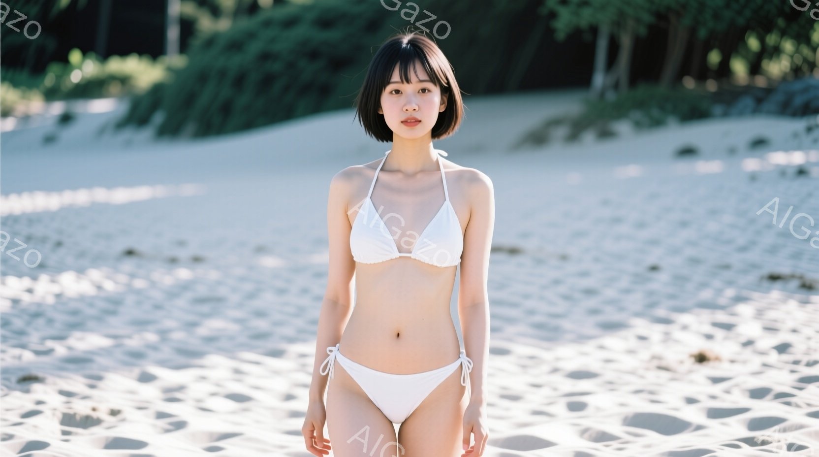 白いビキニを着た若い女性が砂浜に立っている。彼女は黒いショートボブヘアで、表情は穏やかで、正面を見つめている。背景は白い砂浜と緑豊かな植物で、晴れた日の穏やかな雰囲気が漂っている。 - AI生成フリー素材
