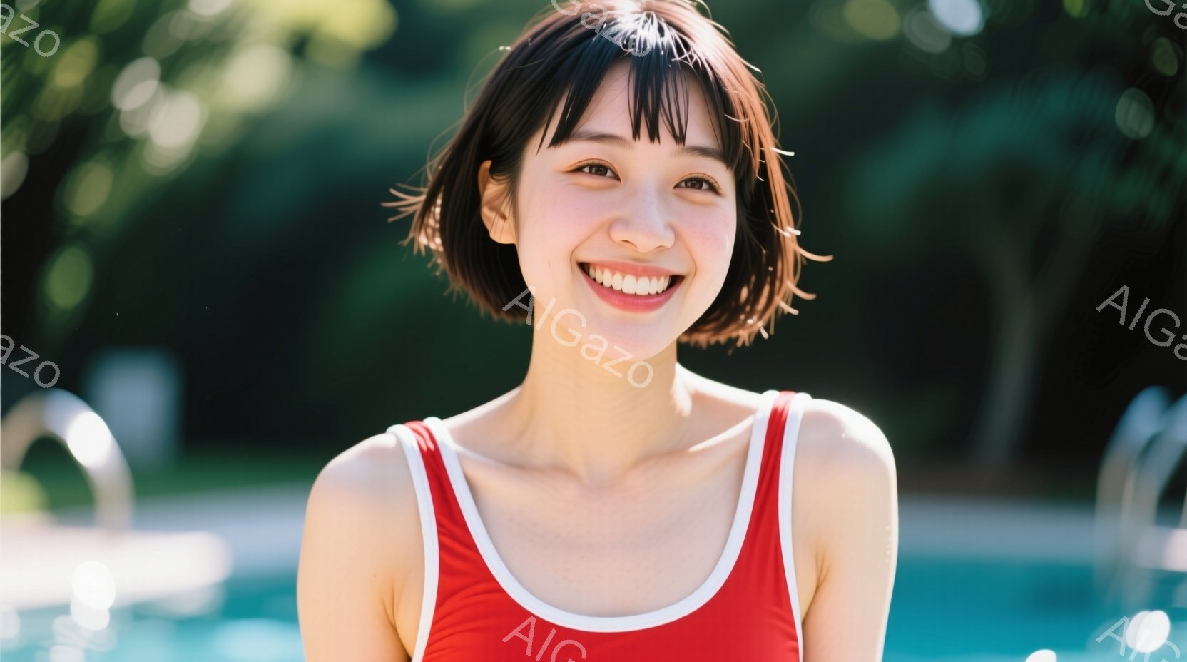 赤い水着に白い縁取りのある女性が、明るい笑顔でこちらを見ている。彼女は短く切りそろえられた黒髪で、リラックスした姿勢で立っている。背景には青いプールとぼやけた緑の植物が見え、晴れた日の開放的な雰囲気が - AI生成フリー素材