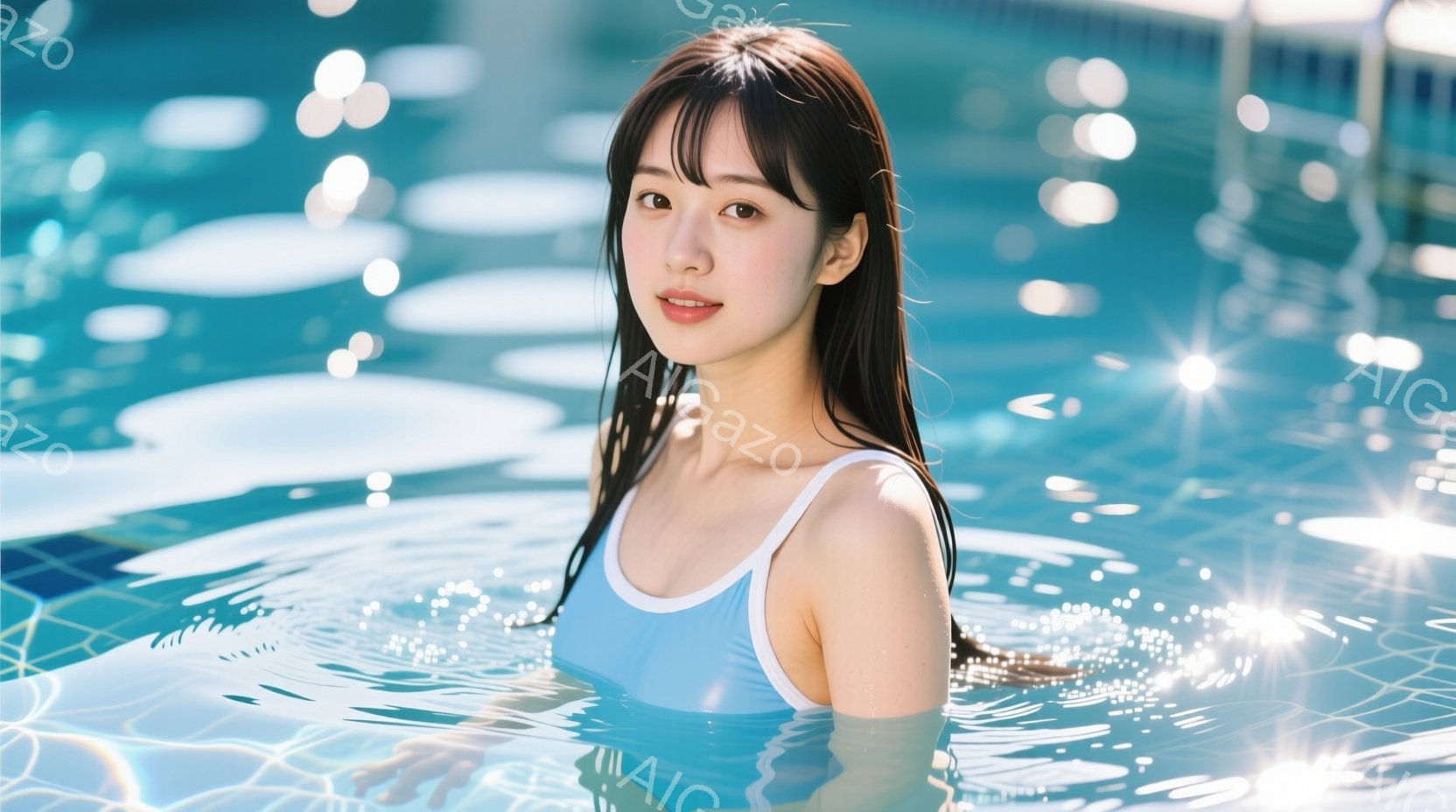 水色の水着を着た若い女性が、水中に上半身を浸けている。濡れた黒髪は肩まで届き、表情は穏やかで微笑んでいる。背景は水面が光り、明るく爽やかな雰囲気が漂っている。