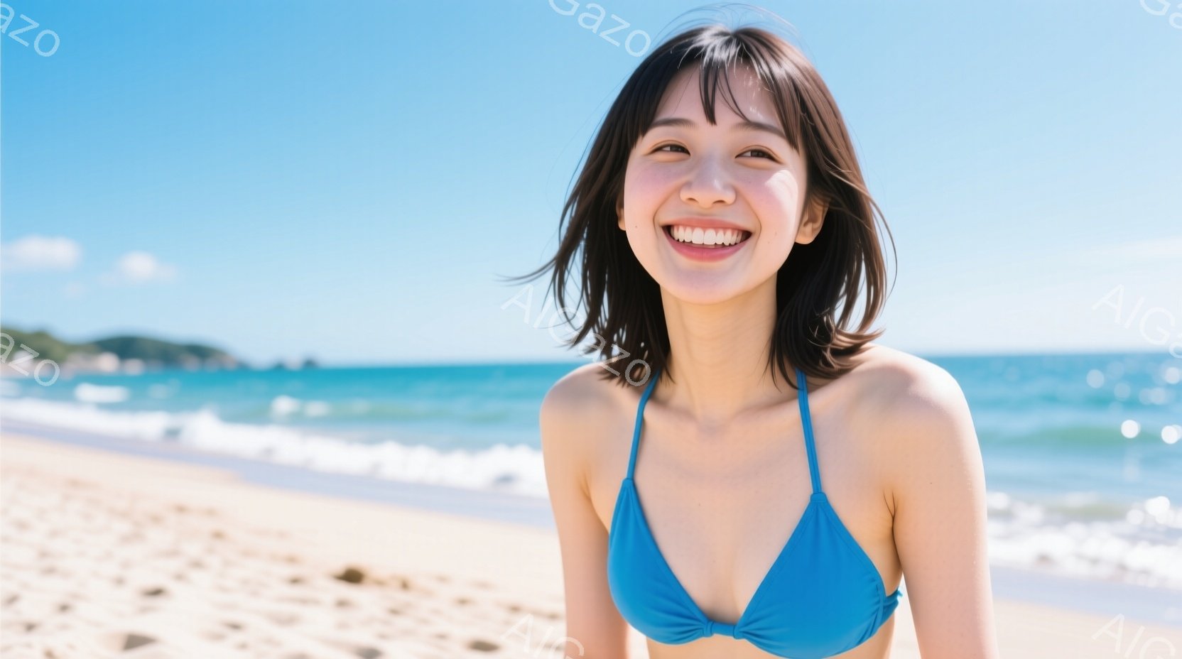 青いビキニを着た女性が砂浜に立っており、満面の笑みを浮かべてカメラを見ています。彼女は黒髪のショートボブで、肌は日焼けしています。背景には青い海と白い砂浜が広がり、晴天で穏やかな夏の日の雰囲気が漂っています。