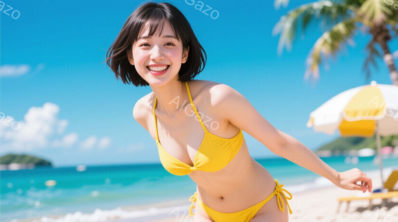 明るい黄色のビキニを着た女性が、白い砂浜を向かって走っています。彼女は短くカットされた黒髪で、満面の笑みを浮かべており、楽しそうな表情をしています。背景には青い海、白い砂浜、そしてパラソルとビーチチェアが見え、晴天のビーチリゾートの雰囲気です。