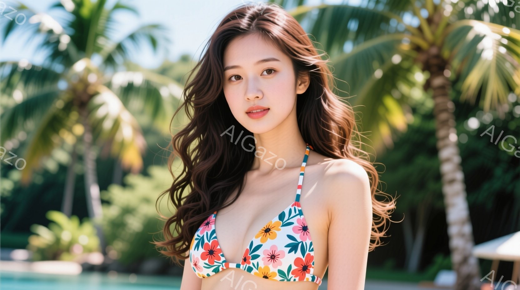 長い巻き髪の女性が、花柄のビキニトップを着て正面を向いています。彼女は穏やかな微笑みを浮かべ、リラックスした表情です。背景にはヤシの木が生い茂り、穏やかな日差しが降り注ぐ、リゾート地のプールサイドを思わせる風景が広がっています。