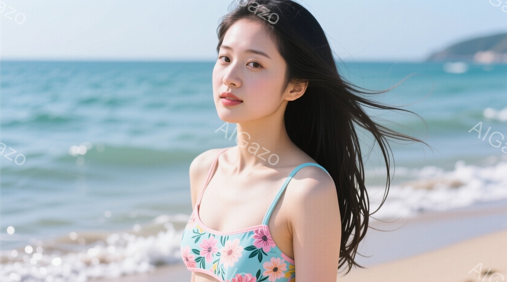 長い黒髪が風になびき、水色の花柄のビキニを着た女性が写っている。彼女は少し微笑んでおり、リラックスした表情をしている。背景には青い海と砂浜、遠くの山々が広がり、晴れた日の穏やかなビーチの雰囲気が伝わってくる。