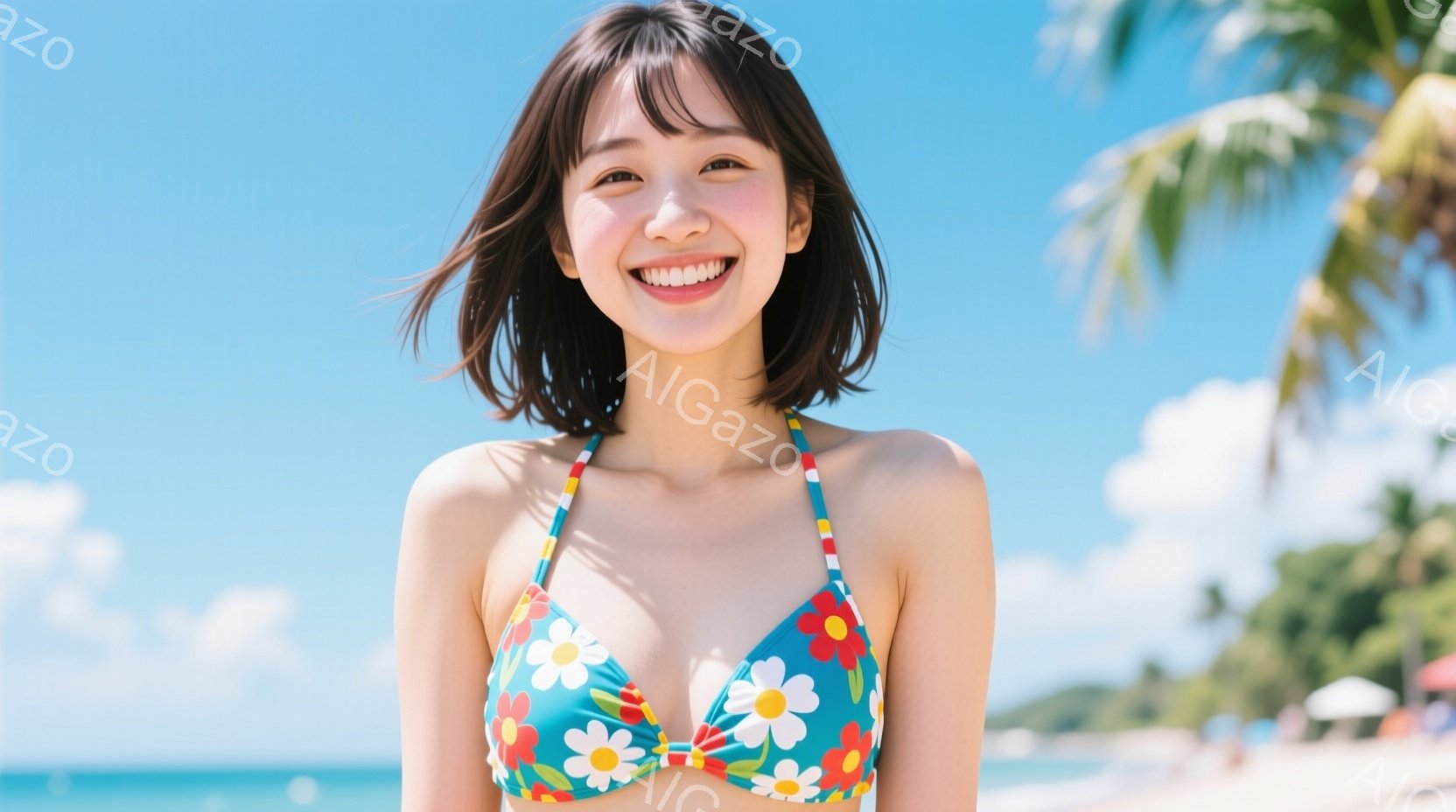 紺色の水着に白い花柄が特徴的な女性が、ビーチで笑顔でカメラを見つめています。彼女は肩まで届く長さのダークブラウンの髪を持ち、少し無造作に切りそろえられています。背景には青い海とヤシの木が見え、晴れた日のリゾート地のような穏やかな雰囲気を醸し出しています。