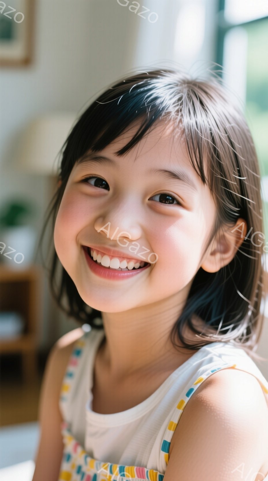 笑顔の少女が写っている。明るい茶色の髪を肩の長さで切り揃え、白い肩出しのトップスにカラフルなストライプの装飾が施されている。背景には木製の棚と観葉植物が見え、暖かく親しみやすい雰囲気が漂っている。