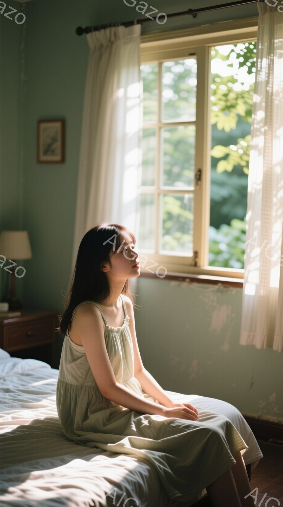 長い黒髪をセンターパートにした若い女性が、クリーム色のキャミソールワンピースを着てベッドに座っています。彼女は窓の外を見つめ、やや憂いを帯びた表情をしています。背景には木々が見える窓があり、部屋全体が - AI生成フリー素材