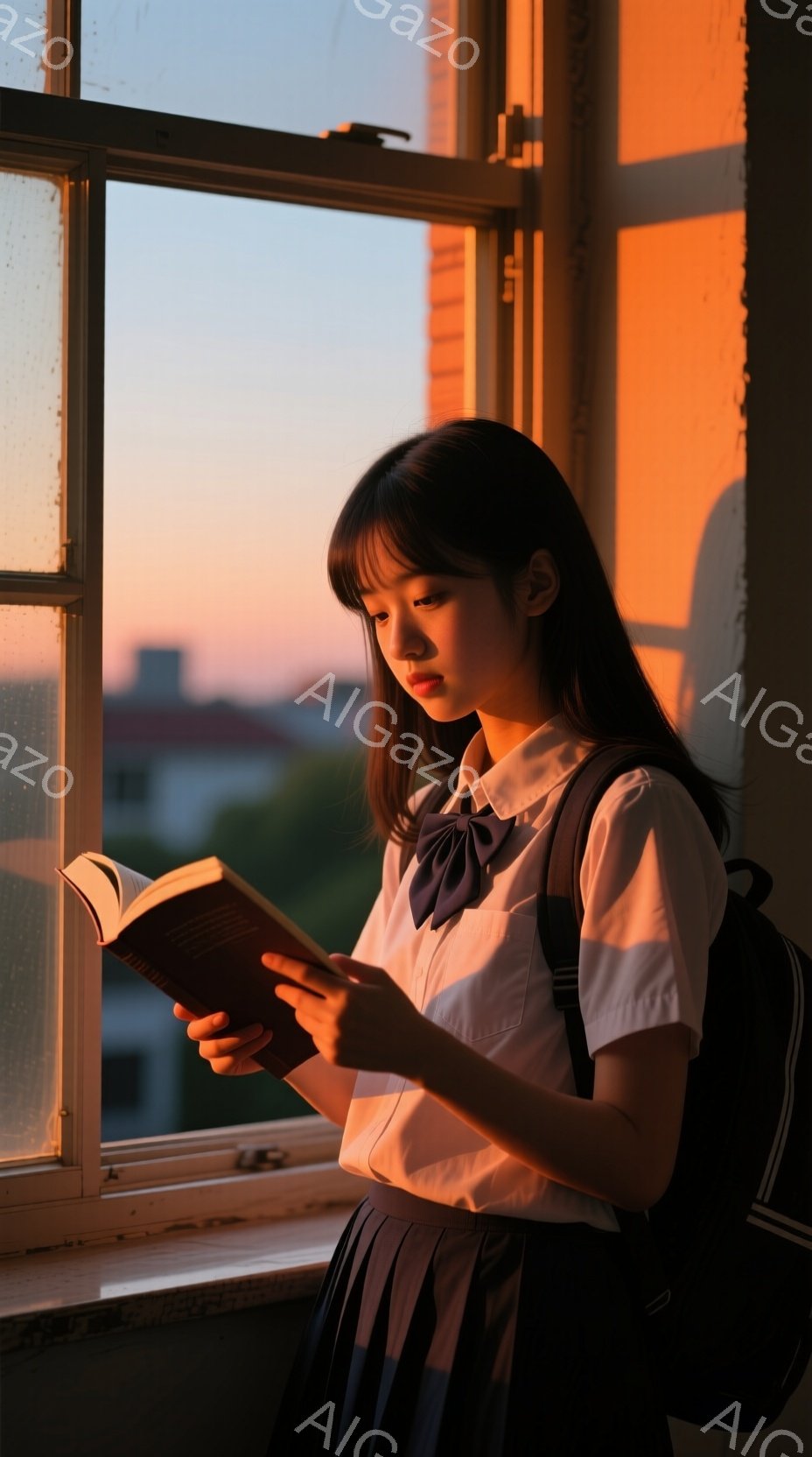 少女は窓辺に立ち、本を読んでいる。彼女は白いシャツにネクタイ、プリーツスカートという制服姿で、長い黒髪が肩にかかっている。背景には夕焼け空と建物が見え、窓から差し込むオレンジ色の光が彼女を照らし、物静 - AI生成フリー素材