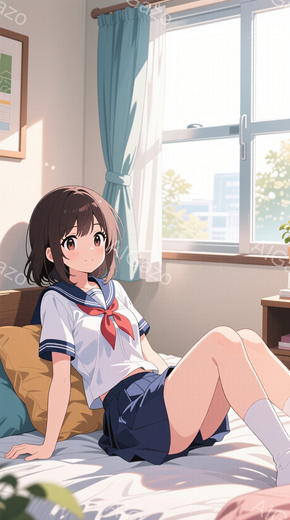 茶髪の少女がベッドに横たわっており、紺色のセーラー服と白いニーハイソックスを身につけている。彼女は微笑んでおり、リラックスした様子が見て取れる。窓の外には、日差しが差し込む街並みが広がり、部屋全体が暖 - AI生成フリー素材