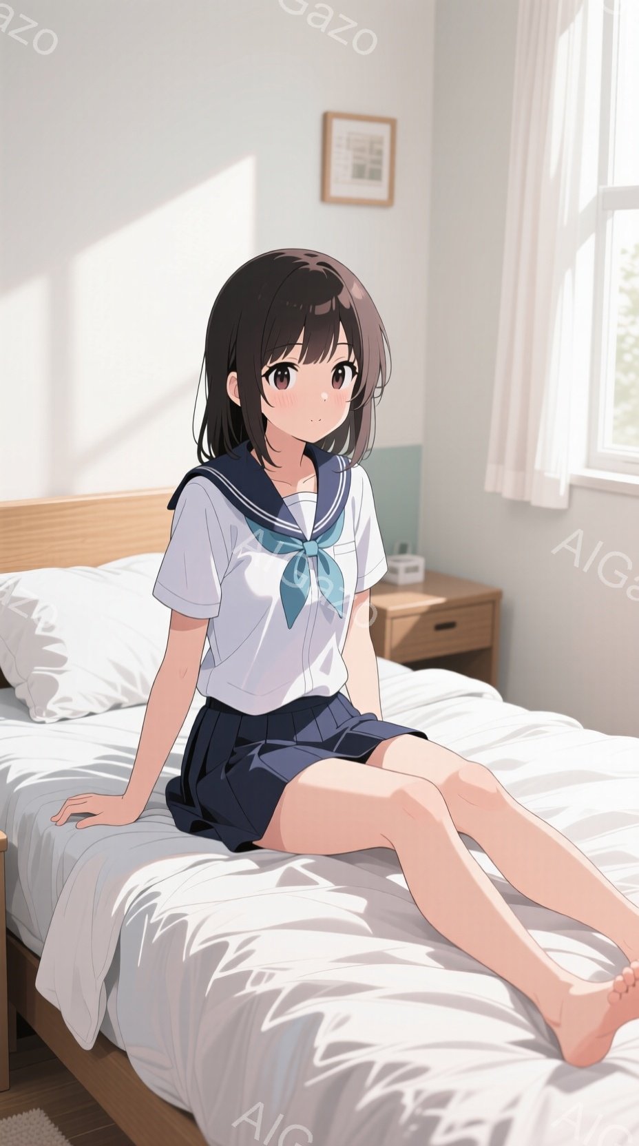 少女は白いベッドに座り、膝を曲げて足を伸ばしています。紺色のリボンと白いブラウス、紺色のスカートという制服姿で、少し微笑んだ表情をしています。背景には木製のナイトテーブルと窓からの柔らかな光があり、穏やかで明るい雰囲気が漂っています。