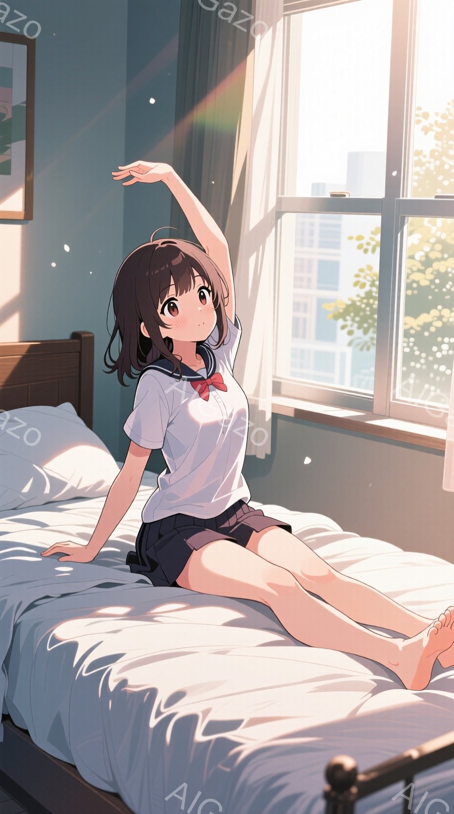 茶髪の少女がベッドに座り、伸びをしている様子が描かれている。紺色のリボンと白のブラウスに、紺色のスカートという制服を着ており、素足である。窓からは明るい光が差し込み、背景には高層ビル群が見える穏やかな - AI生成フリー素材