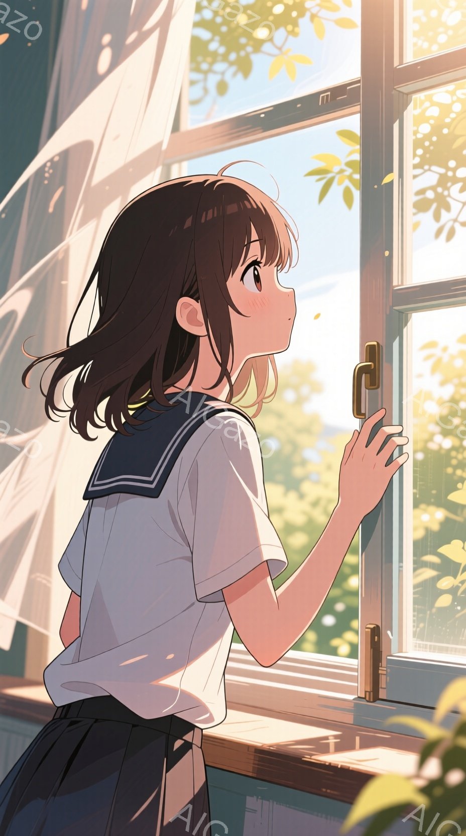 茶髪の少女が窓辺に立っており、制服を着ています。彼女は窓枠に手を添え、外の緑豊かな景色を見つめており、やや微笑んだ表情を浮かべています。背景には、明るい日差しが差し込む木々が見え、穏やかで暖かい雰囲気 - AI生成フリー素材