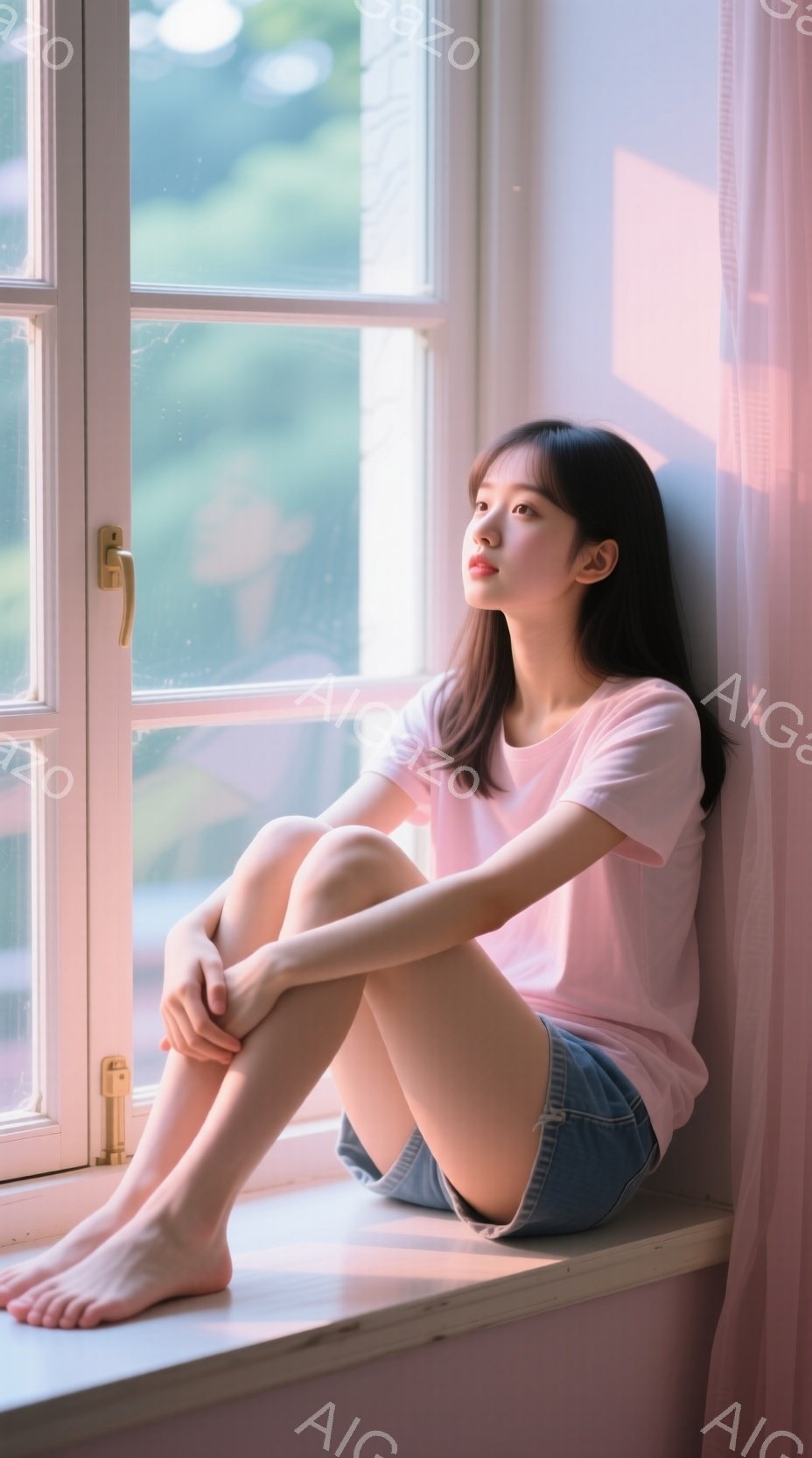 若い女性が窓枠に座り、膝を抱えています。彼女は薄いピンク色のTシャツとデニムのショートパンツを着ており、足は裸です。窓の外には緑豊かな木々が見え、柔らかい光が差し込み、穏やかで夢見がちな雰囲気を醸し出しています。