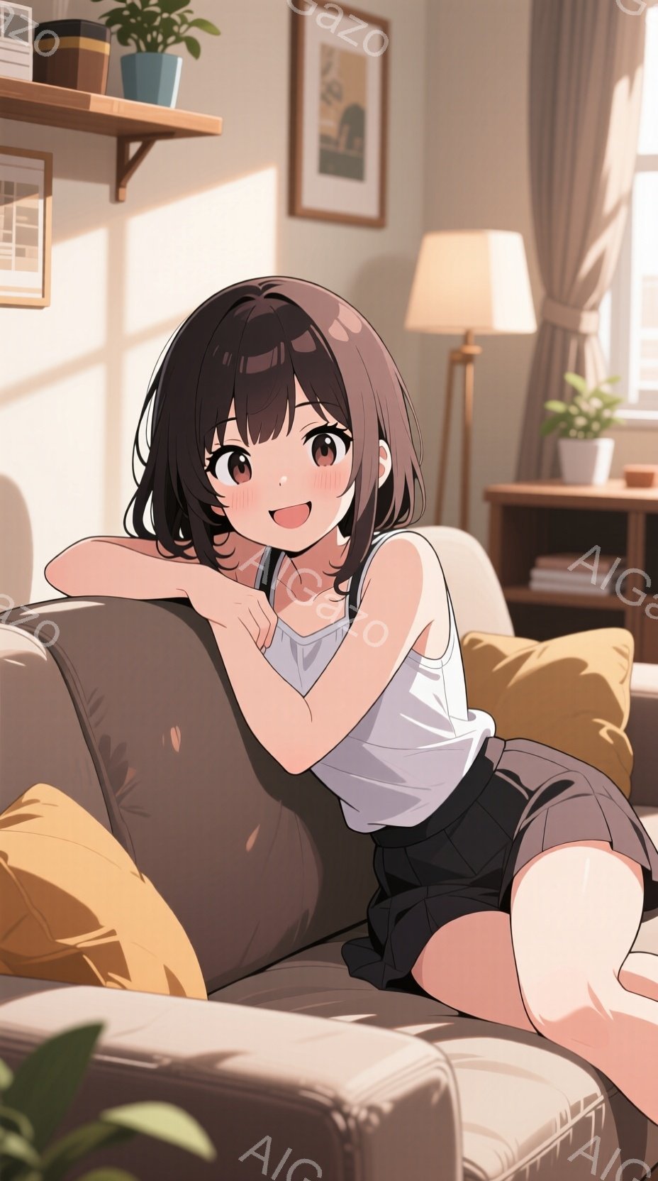 短い黒髪の少女が、ベージュ色のソファに横たわってリラックスしています。白いタンクトップと黒いスカートを着用し、両腕を頭の後ろで組み、幸せそうな笑顔を浮かべています。背景には木製の棚と植物、そして柔らかな光が差し込む窓があり、温かくて穏やかな雰囲気を醸し出しています。