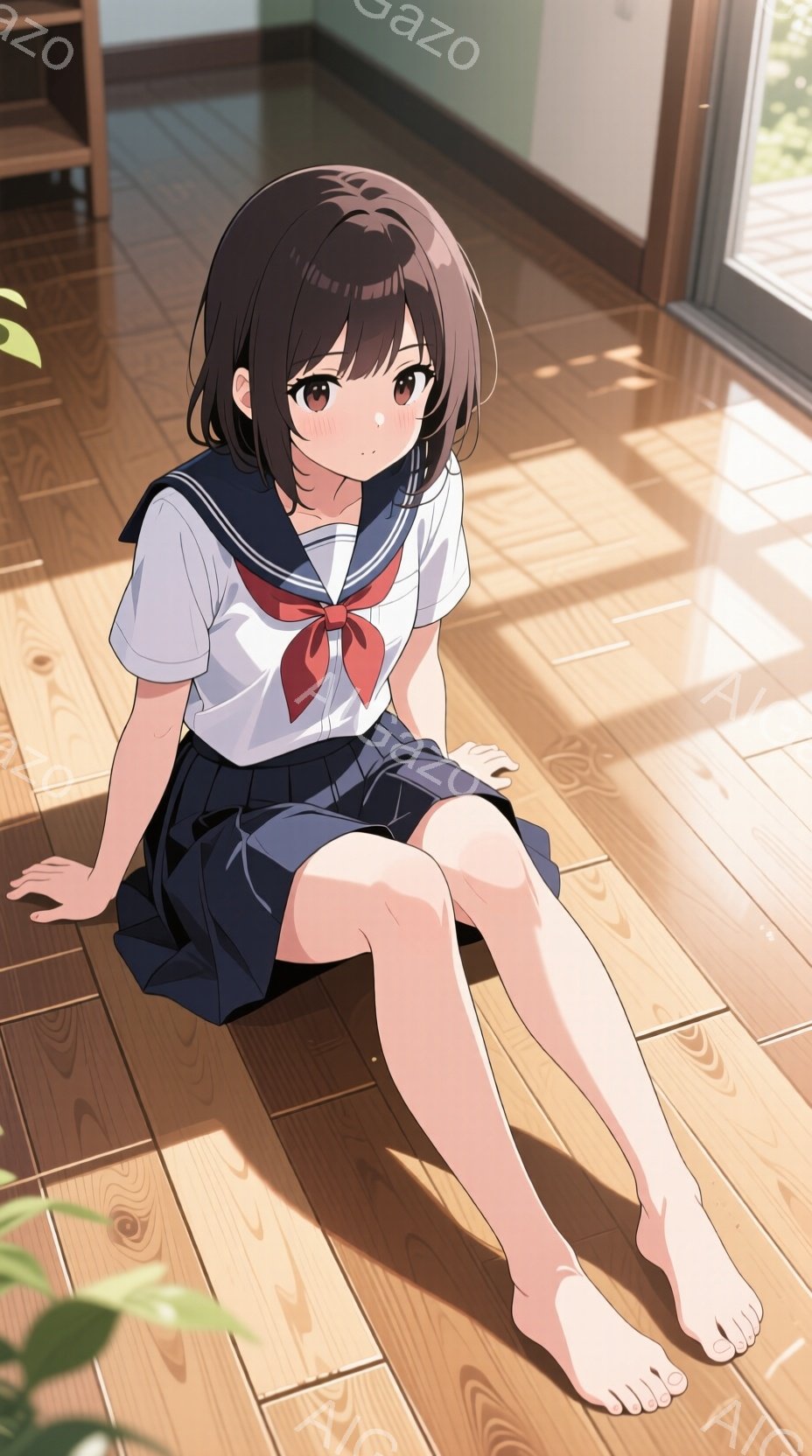 茶色の短い髪と明るい表情の少女が、木製の床に座っている。紺色のスカートと白いブラウス、赤いリボンネクタイという制服を着ており、足は裸である。背景には窓から差し込む光と植物が見え、室内が明るく穏やかな雰囲気である。