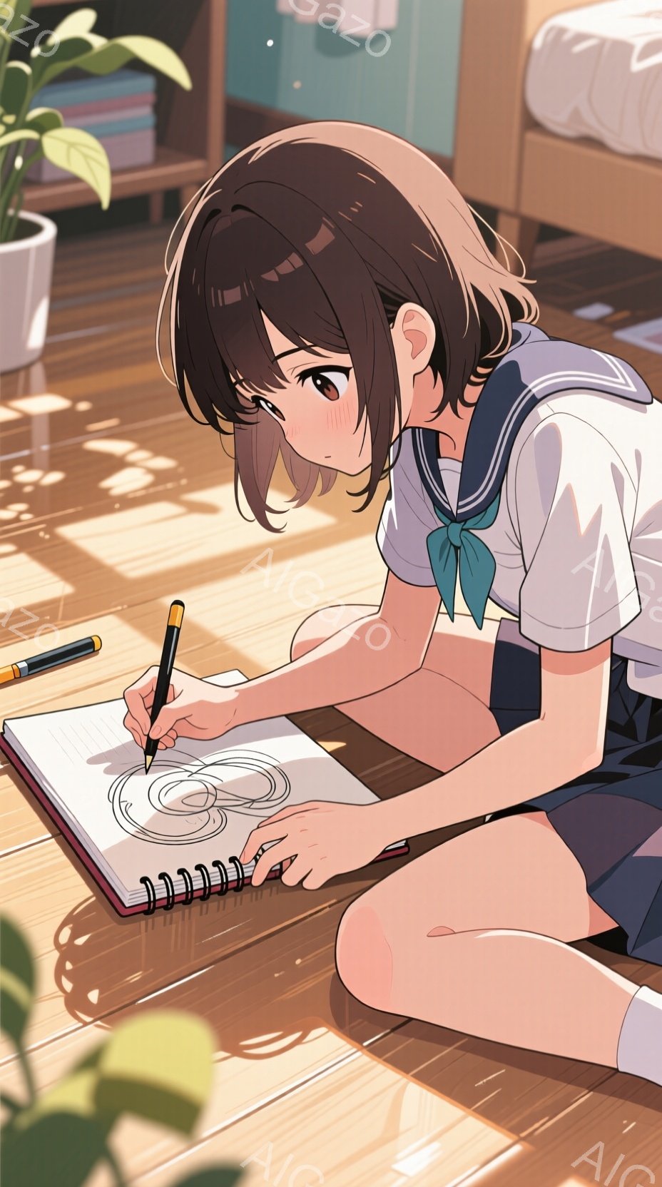 茶髪の少女が床に座り、スケッチブックに何かを描いています。彼女はセーラー服を着ており、少し微笑んでいる様子から、リラックスした雰囲気で創作活動を楽しんでいることが分かります。背景には木製の床と植物が見え、部屋に暖かく穏やかな光が差し込んでいます。