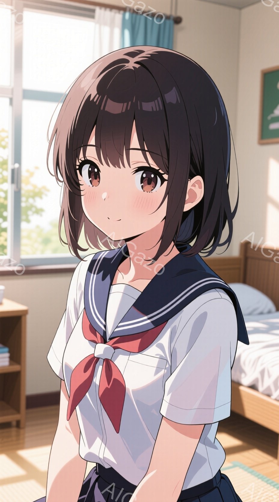 画像は、茶色のボブヘアで、赤いリボンを結んだ制服を着た若い女性を描いています。彼女はわずかに頬を赤らめ、穏やかな笑顔を浮かべています。背景には木製の床、ベッド、窓から差し込む自然光が見え、明るく柔らかな雰囲気が漂っています。