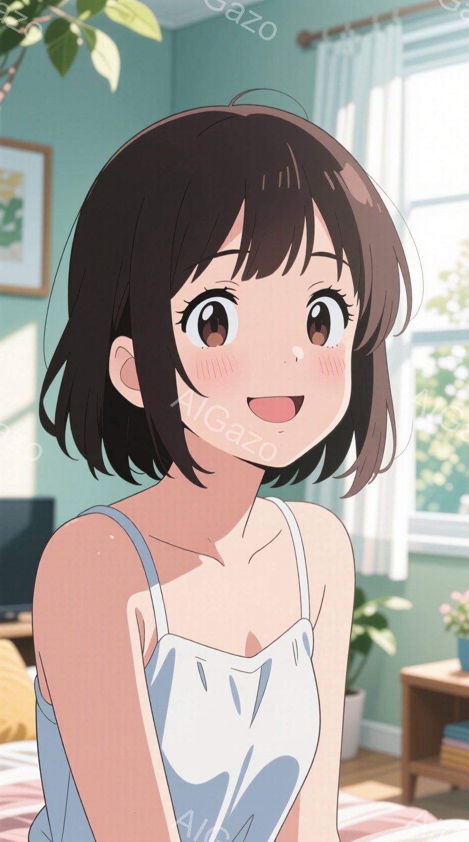 ショートカットの黒髪で、少し頬を赤らめた若い女性が描かれています。白いキャミソールと、水色の服を着ており、わずかに口を開けて微笑んでいます。背景には、植物のある窓と、木製の家具が見え、明るく穏やかな室 - AI生成フリー素材