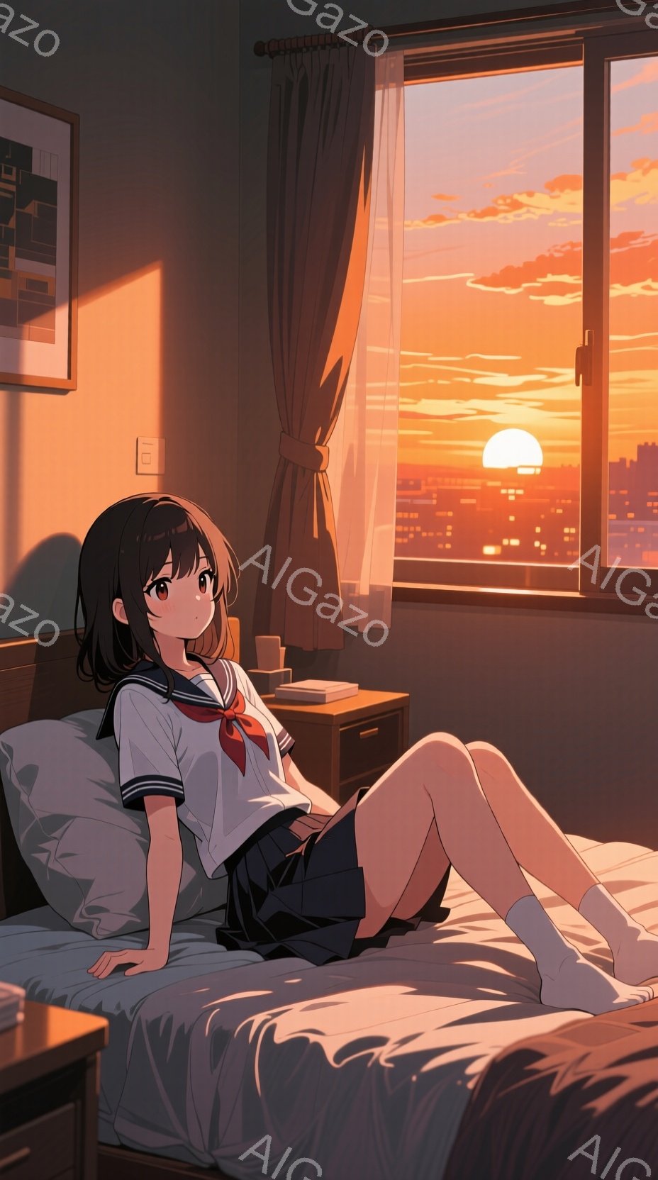制服姿の少女がベッドに横たわっている。彼女は短い黒髪で、少し微笑んでいる。窓の外には夕焼け空と街並みが広がり、暖かく穏やかな雰囲気を醸し出している。 - AI生成フリー素材