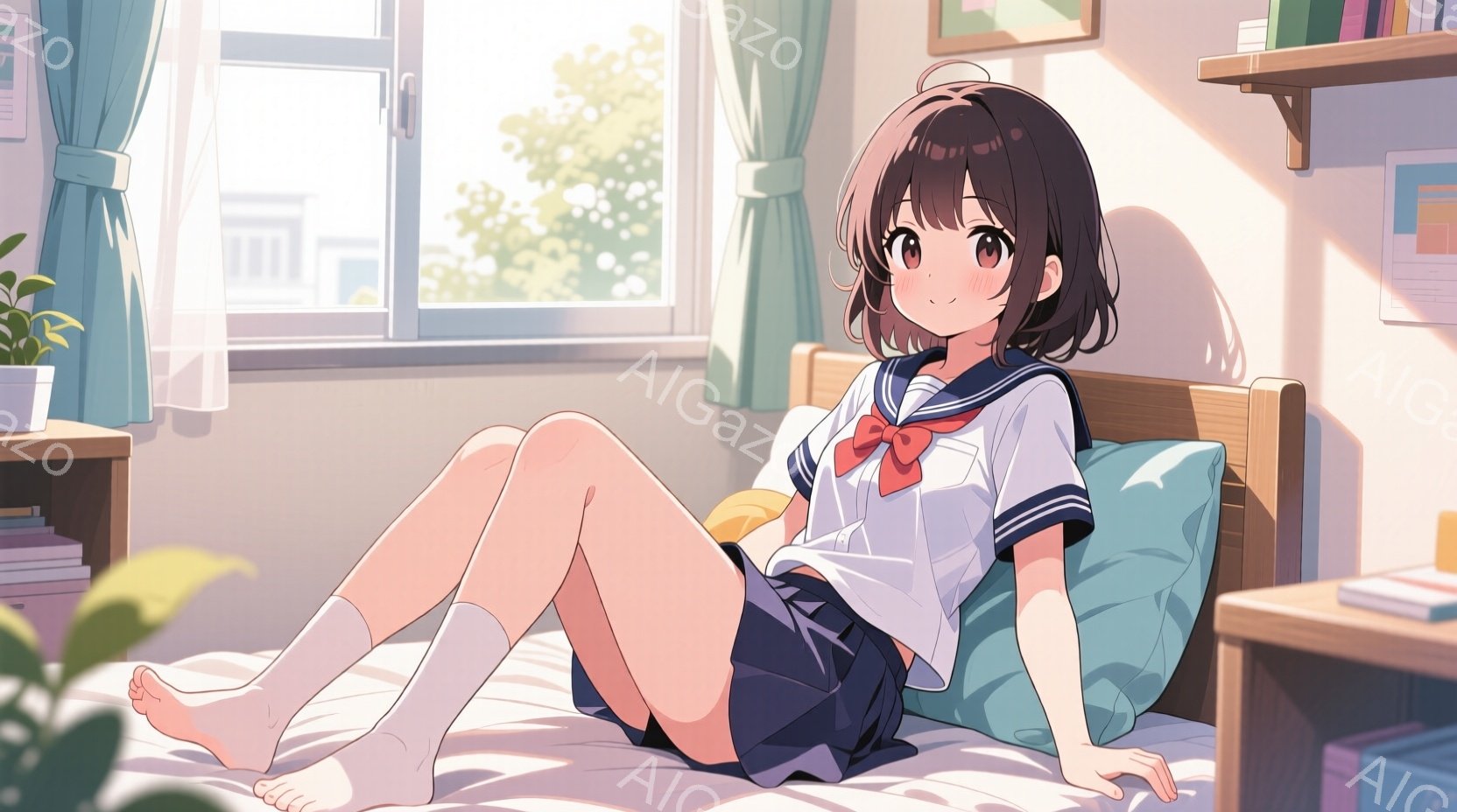 茶髪の少女がベッドに横たわっており、セーラー服を着ています。彼女は膝を曲げ、足を伸ばしてリラックスした姿勢で、少し微笑んでいるように見えます。窓の外には緑豊かな木々と明るい日差しが差し込み、部屋全体が - AI生成フリー素材