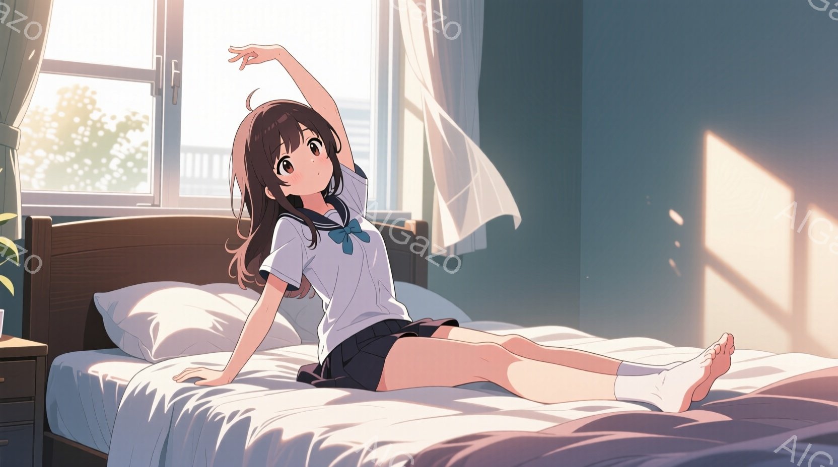 明るい部屋のベッドに横たわる少女が描かれている。彼女は白いブラウスに紺色のスカート、白いソックスを履き、髪は肩まで伸びた茶髪で、顔には穏やかな笑顔が見られる。窓から差し込む光が部屋を照らし、カーテンが風になびいている様子から、爽やかな朝の雰囲気が伝わってくる。