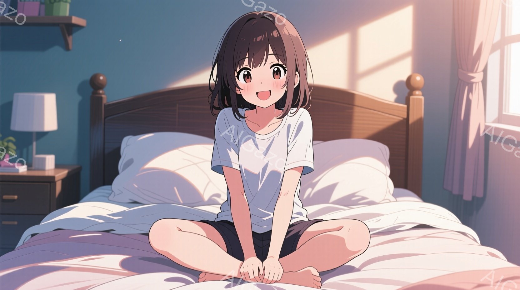少女はベッドに座り、白いTシャツと黒いショートパンツを着ています。彼女は足を組み、微笑んでいて、表情は明るく、髪は肩までの長さの茶色で、少しカールしています。背景にはナイトスタンドとランプがあり、窓からは柔らかい光が差し込み、穏やかでリラックスした雰囲気を醸し出しています。