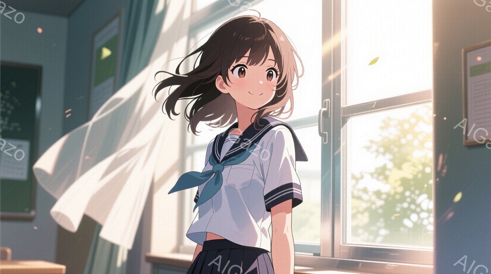 画像には、制服を着た少女が描かれています。彼女は濃い茶色のショートヘアで、少し微笑んでいます。背景は教室の窓辺で、強い光が差し込み、暖かい雰囲気を醸し出しています。