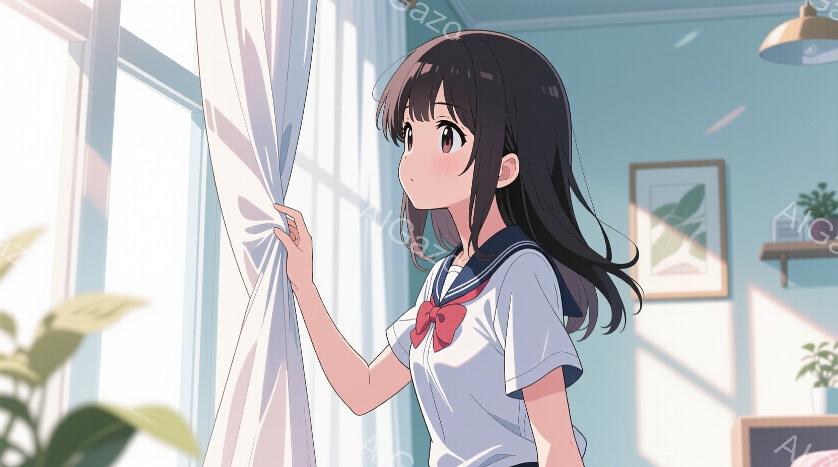 黒髪の少女が白いカーテンを開けている様子が描かれています。彼女は紺色のリボンとブレザー、白いシャツという制服を着ており、少し微笑んだ表情を浮かべています。背景には、植物や絵画が飾られた明るい室内が広が - AI生成フリー素材