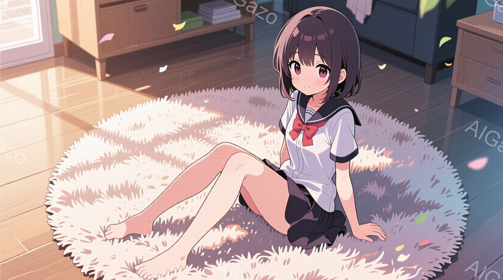 短い黒髪の少女が、白いカーペットの上に座って足を伸ばしています。彼女はセーラー服を着ており、明るい表情でこちらを見つめています。背景には木製の家具があり、窓から差し込む光が暖かく、リラックスした雰囲気を醸し出しています。