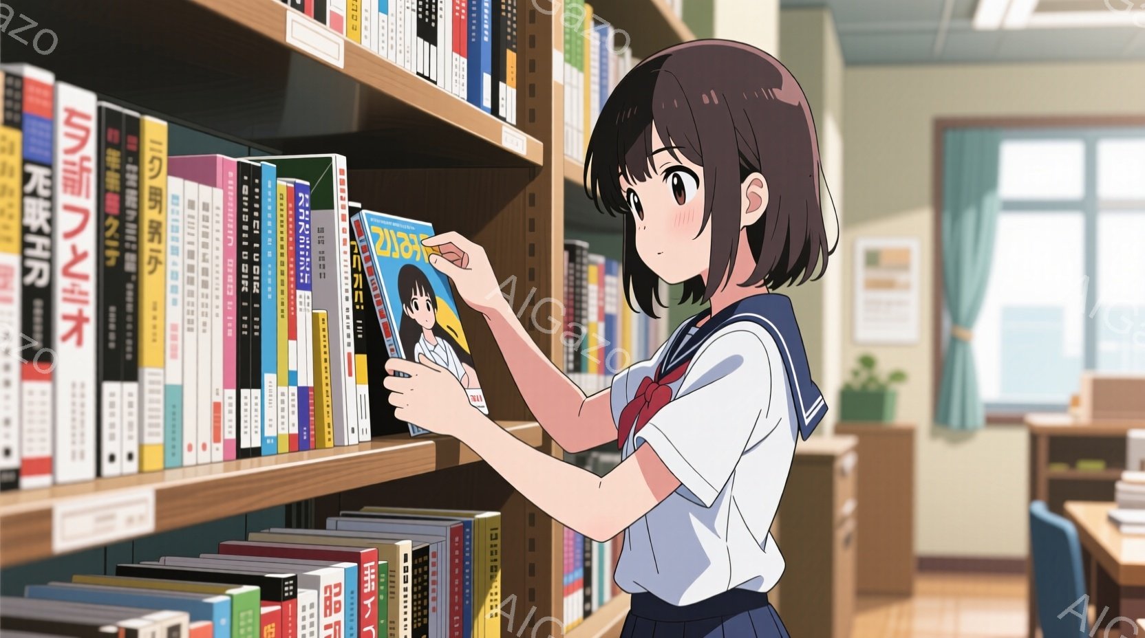 茶髪の少女が図書館の本棚の前で本を選んでいます。彼女は紺色のセーラー服と赤いリボンをつけており、少し頬を赤らめて微笑んでいます。背景には、たくさんの本が並んだ本棚と窓から差し込む自然光が見え、全体的に明るく穏やかな雰囲気です。