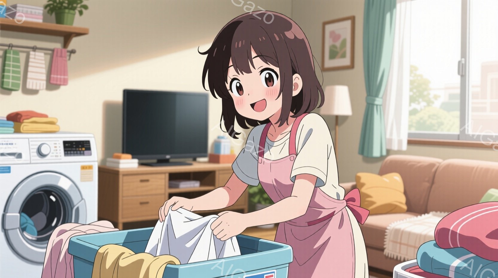 短い茶色の髪の少女が、ピンクのエプロンを着て洗濯物を畳んでいます。彼女は笑顔で、楽しそうに洗濯物を抱えています。背景には、テレビやソファのあるリビングルームと、窓から差し込む明るい光が見え、暖かく穏やかな雰囲気です。