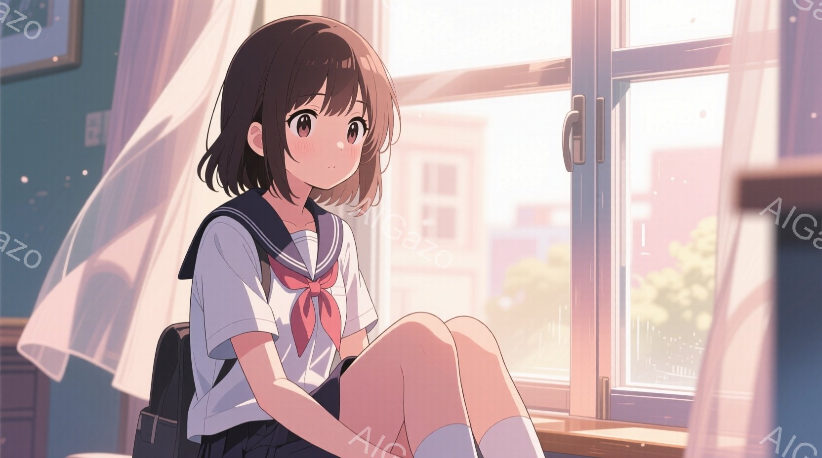 茶髪の少女が窓際に座り、学校の制服を着ている。彼女は膝を抱え、少し物憂げな表情で外を見つめている。窓の外には建物や緑が見え、暖かい日差しが差し込み、穏やかで少しノスタルジックな雰囲気が漂っている。 - AI生成フリー素材