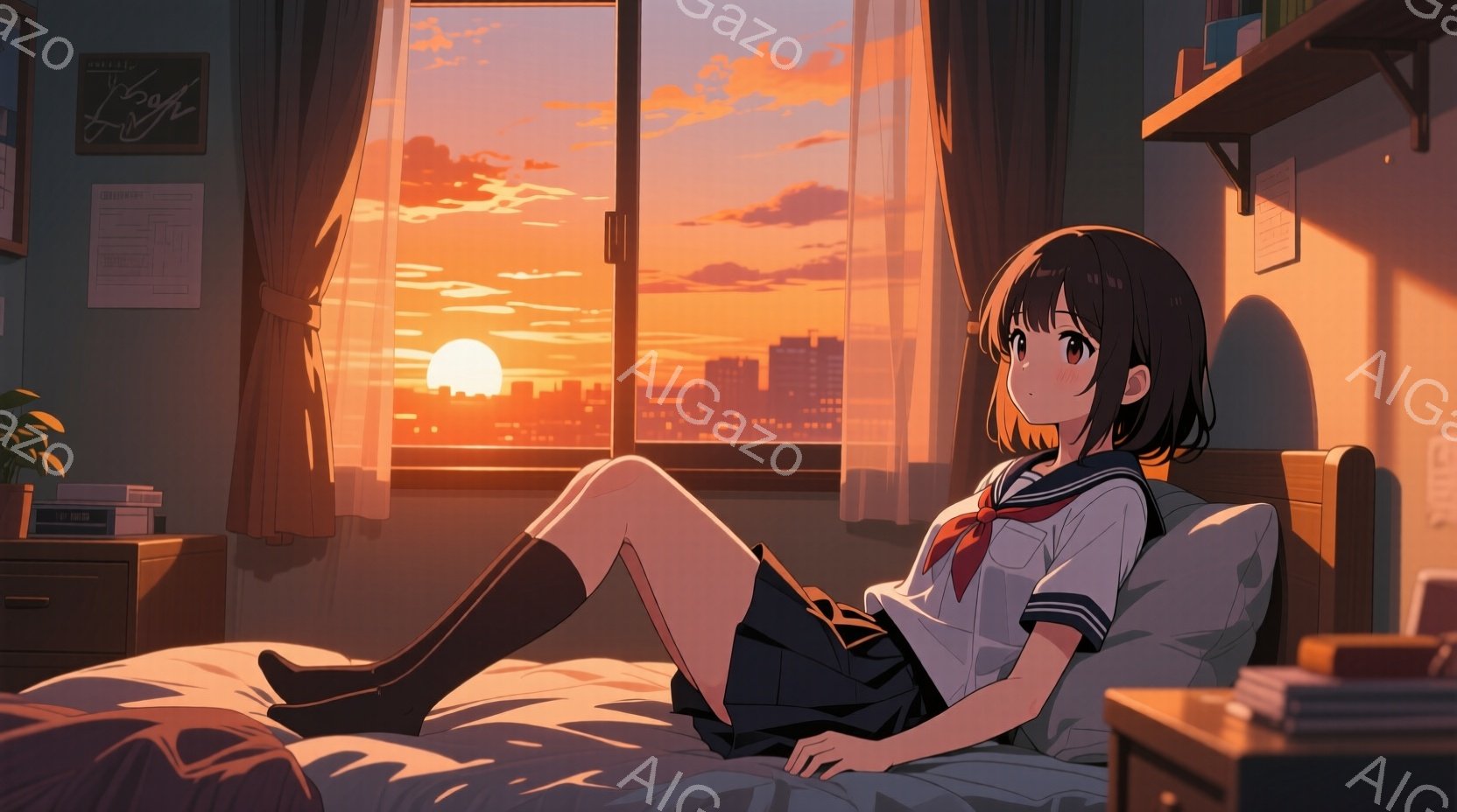茶髪の少女がベッドに横たわり、制服を着ています。彼女は膝を曲げて足を組んでおり、窓の外の夕焼けの空を眺めています。部屋には木製の家具があり、背景には都市のスカイラインと燃えるような夕焼け空が広がっています。
