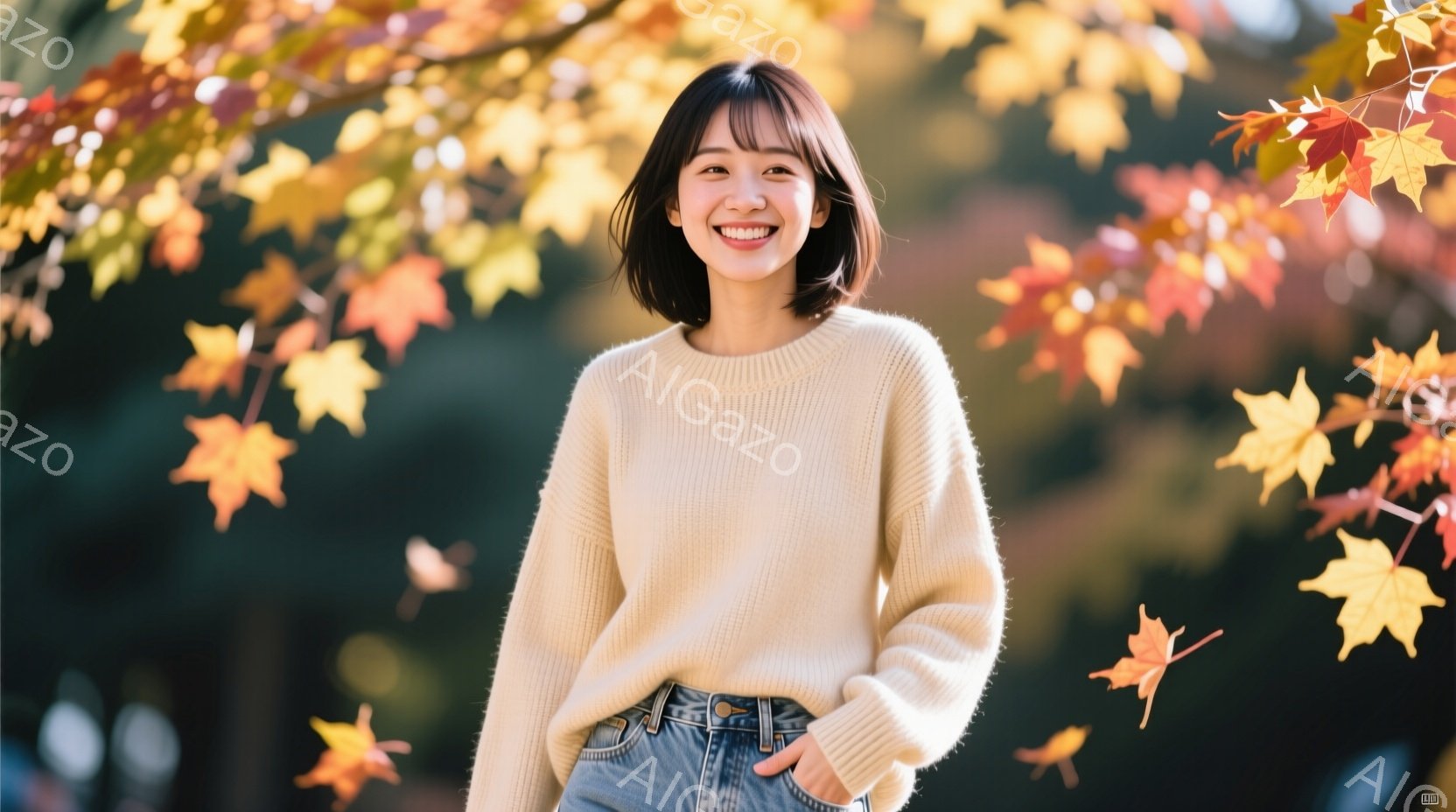 明るい笑顔の若い女性が写っている。ベージュ色のざっくりとしたニットセーターとデニムのジーンズを着ており、少し内気なポーズで片手をポケットに入れている。背景には紅葉した木々と舞い散る葉があり、秋の暖かく穏やかな雰囲気を醸し出している。
