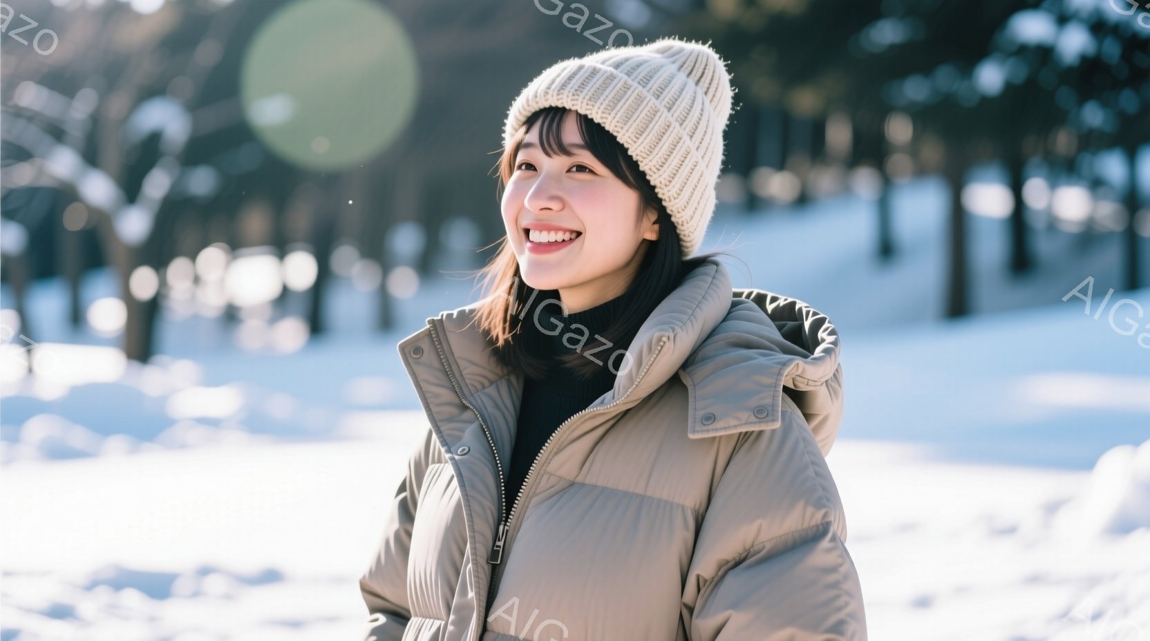 若い女性が雪景色の中で笑顔で立っている。彼女は黒のタートルネックセーターと、クリーム色のパフィージャケット、そしてニット帽を着用しており、明るい表情で右を見ている。背景には雪に覆われた木々と、ぼやけた - AI生成フリー素材