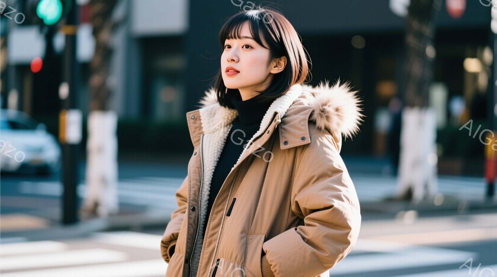 茶色のファー付きの冬用ジャケットを着た若い女性が写っています。彼女は黒いハイネックセーターを着ており、顔は少し横を向いており、落ち着いた表情をしています。背景には横断歩道と街路樹、そしてぼやけた建物が - AI生成フリー素材