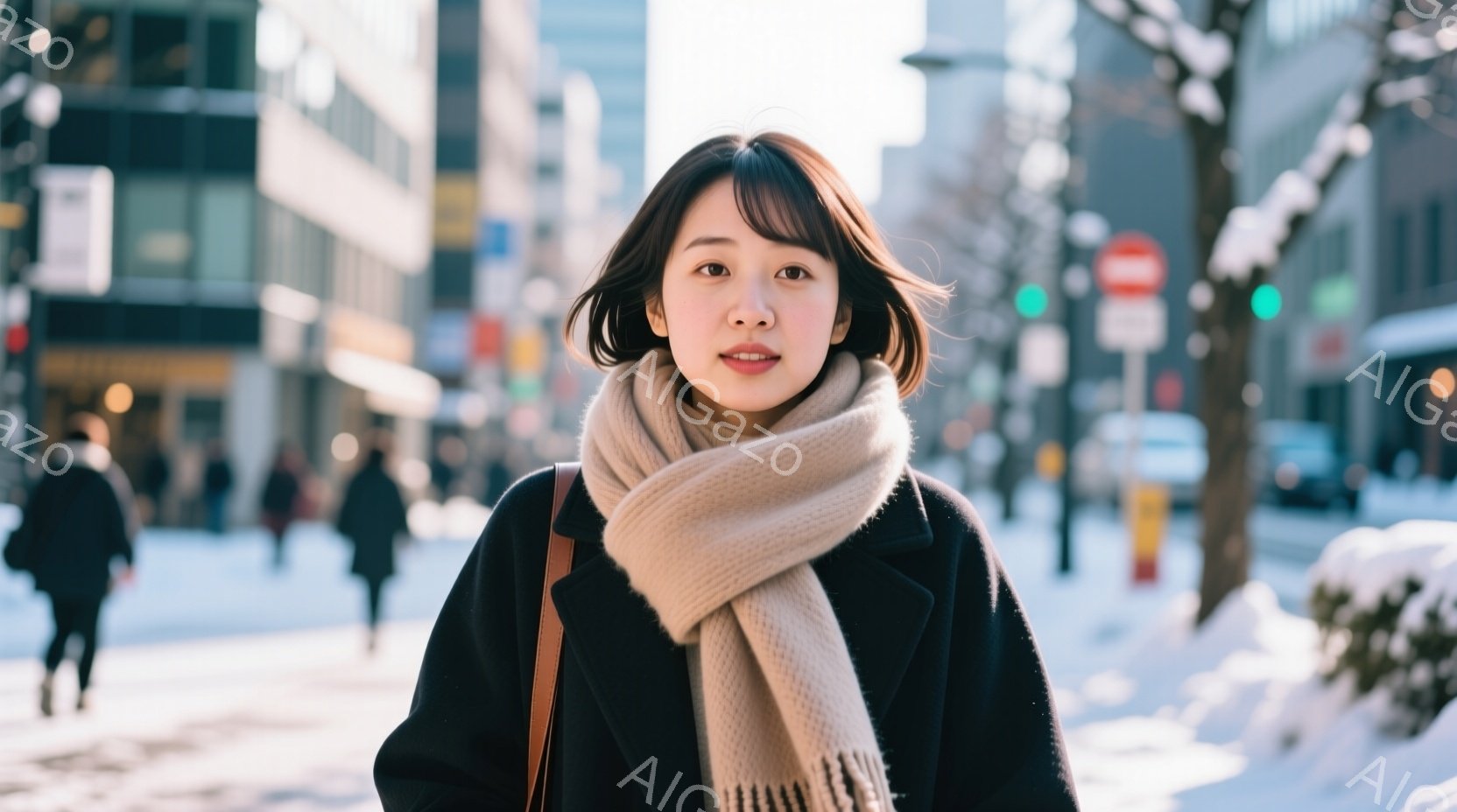 街並みを背景に、黒いコートとクリーム色のマフラーを巻いた若い女性が正面を見つめている。彼女は短めの黒髪で、穏やかな微笑みを浮かべている。背景は雪に覆われた街並みで、建物や木々がぼやけており、冬の静かで - AI生成フリー素材