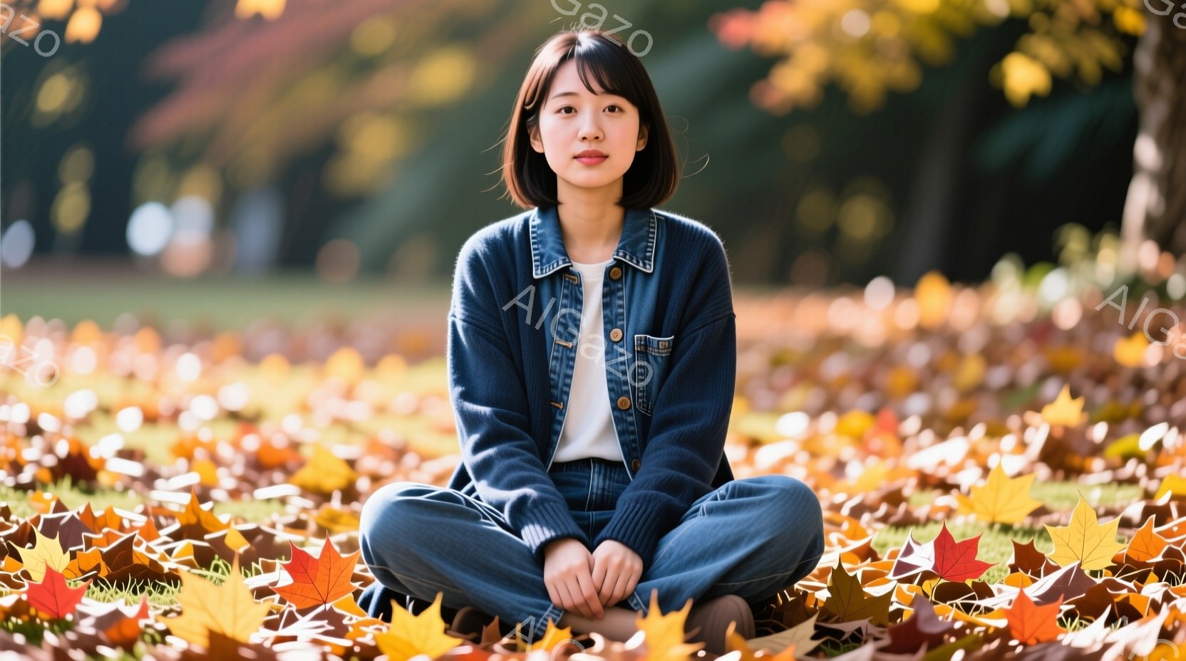 彼女は、白いシャツの上に濃い青色のデニムジャケットとジーンズを身につけ、足を組んで座っています。短くダークブラウンのヘアスタイルで、穏やかでわずかに微笑んだ表情をしています。背景には落ち葉で覆われた地 - AI生成フリー素材