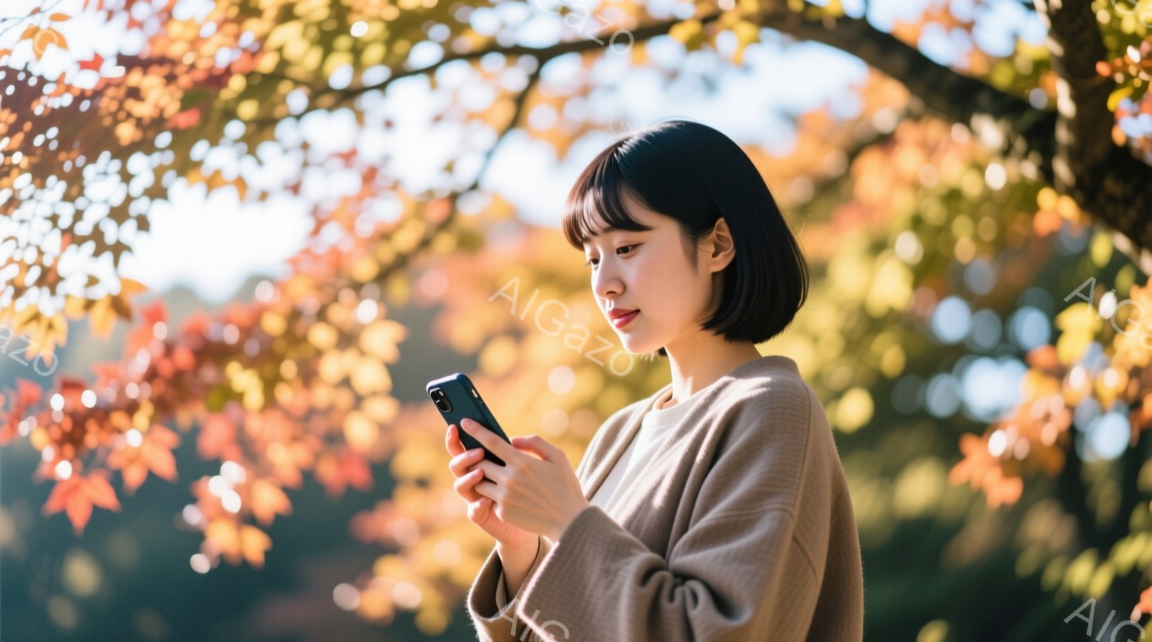 茶髪のボブヘアで、ベージュ色のゆったりとしたスウェットを着た若い女性が、スマートフォンを手に持っている。彼女は少し下を向き、画面に集中した表情をしている。背景には紅葉した木々がぼやけ、柔らかい光が差し込み、穏やかで秋らしい雰囲気を醸し出している。