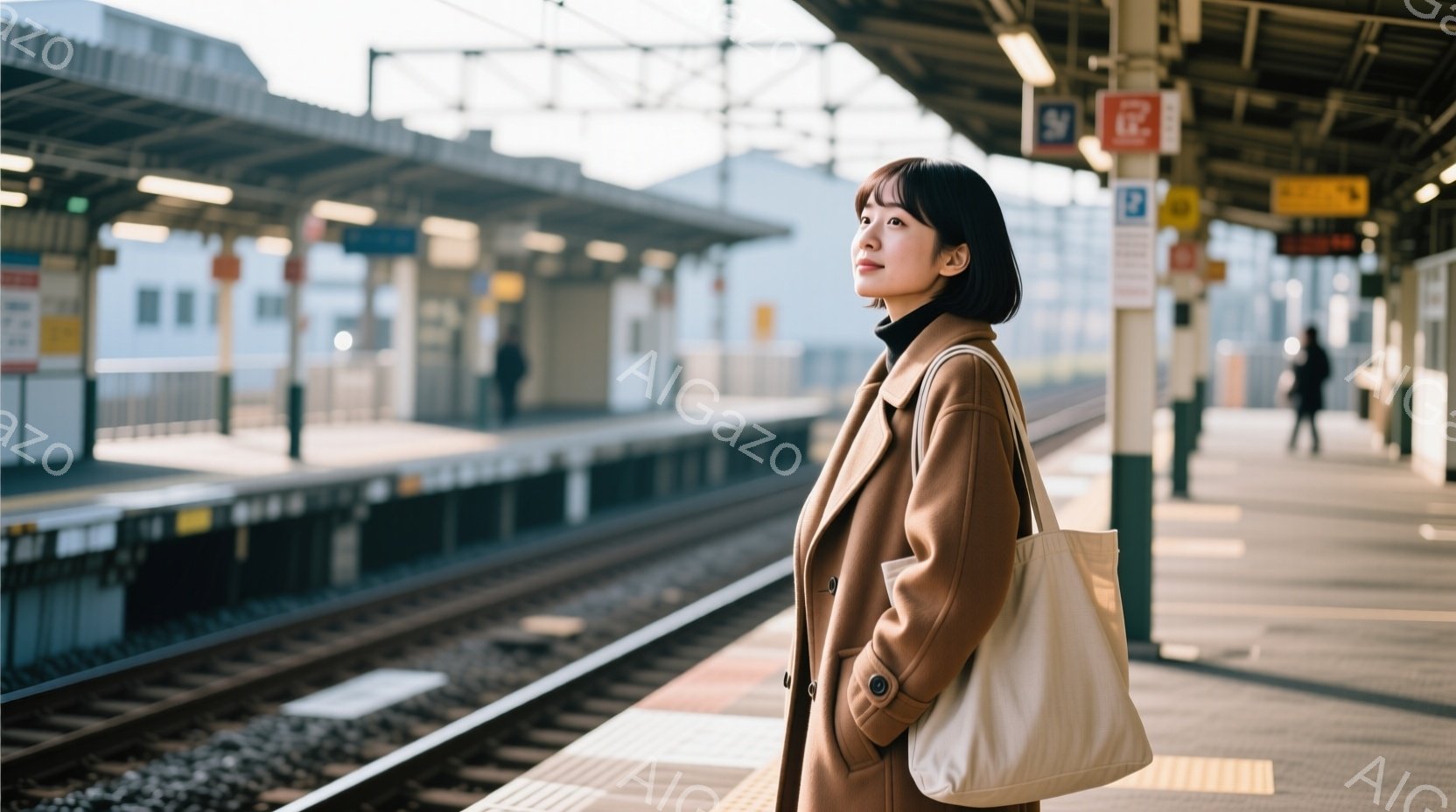 茶色のコートを着た女性が駅のホームに立っており、わずかに横を向いて遠くを見つめている。彼女は短いダークブラウンのヘアスタイルで、表情は穏やかでどこか憂いを含んでいるように見える。背景には線路とホームの - AI生成フリー素材