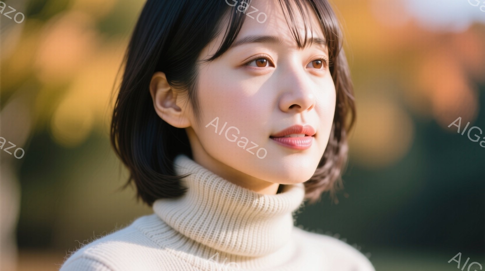 ショートヘアの女性が、オフホワイトのタートルネックセーターを着て、少し横を向いて微笑んでいます。背景はぼやけた緑と茶色の自然で、秋または冬の穏やかな屋外の雰囲気です。彼女の表情は優しく、穏やかで、全体的に暖かく、落ち着いた印象を与えます。