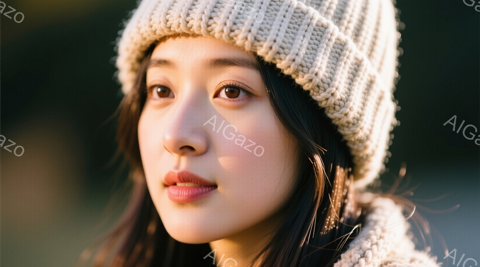 画像は、ニット帽を被った若い女性のクローズアップです。彼女は暗い髪をしており、わずかに微笑んでいます。背景はぼやけており、緑色の自然が見え、全体的に柔らかく温かい雰囲気です。 - AI生成フリー素材