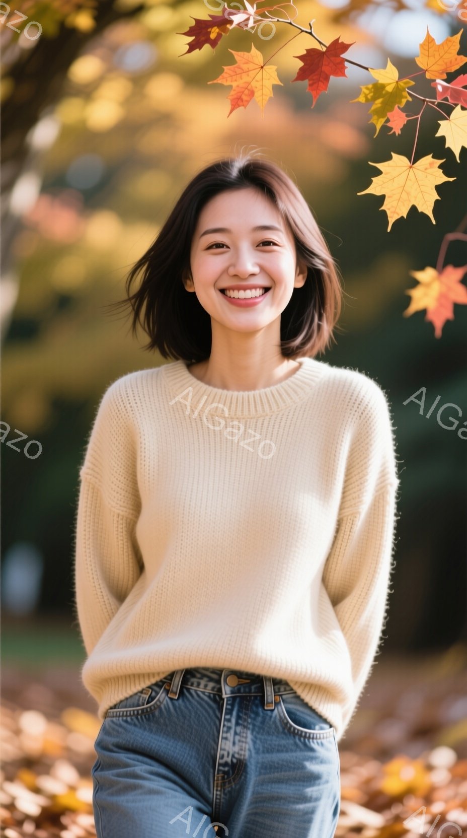 明るい笑顔を浮かべた若い女性が写っている。ベージュのゆったりとしたセーターとジーンズを着用し、肩までの長さのダークブラウンの髪は軽くウェーブがかかっている。背景は緑豊かな木々と落ち葉で覆われた地面で、 - AI生成フリー素材
