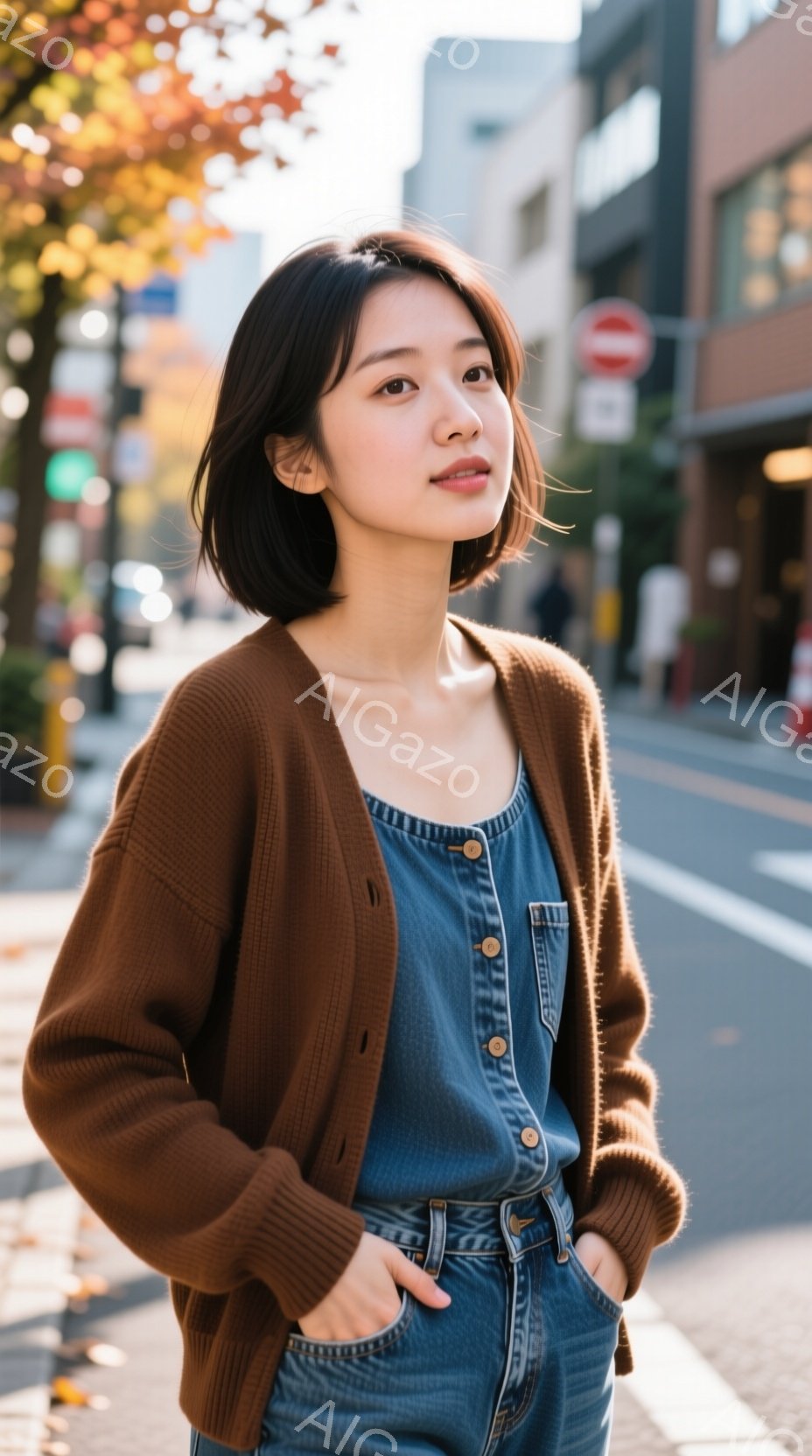 若い女性が、デニムのオーバーオールに茶色のカーディガンを羽織り、道路の横に立っている。彼女は少し微笑んでおり、リラックスした姿勢で両手をポケットに入れている。背景には建物や街路樹が見え、秋の晴れた日の - AI生成フリー素材