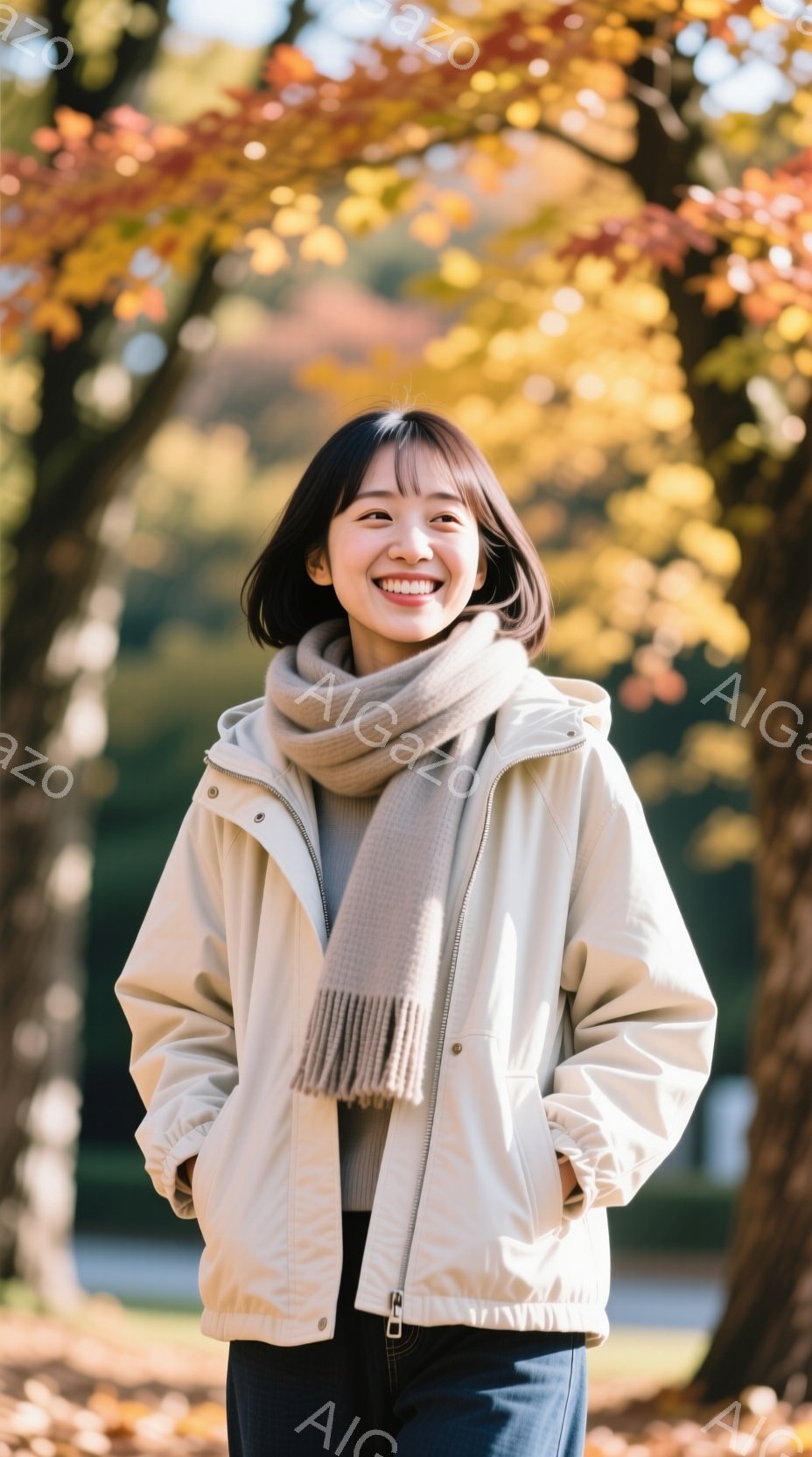 画像には、クリーム色のジャケットとジーンズを着用し、薄いベージュのストールを巻いた若い女性が写っています。彼女は微笑んでおり、顔色は明るく、リラックスした雰囲気です。背景には緑の木々と鮮やかな秋の紅葉 - AI生成フリー素材