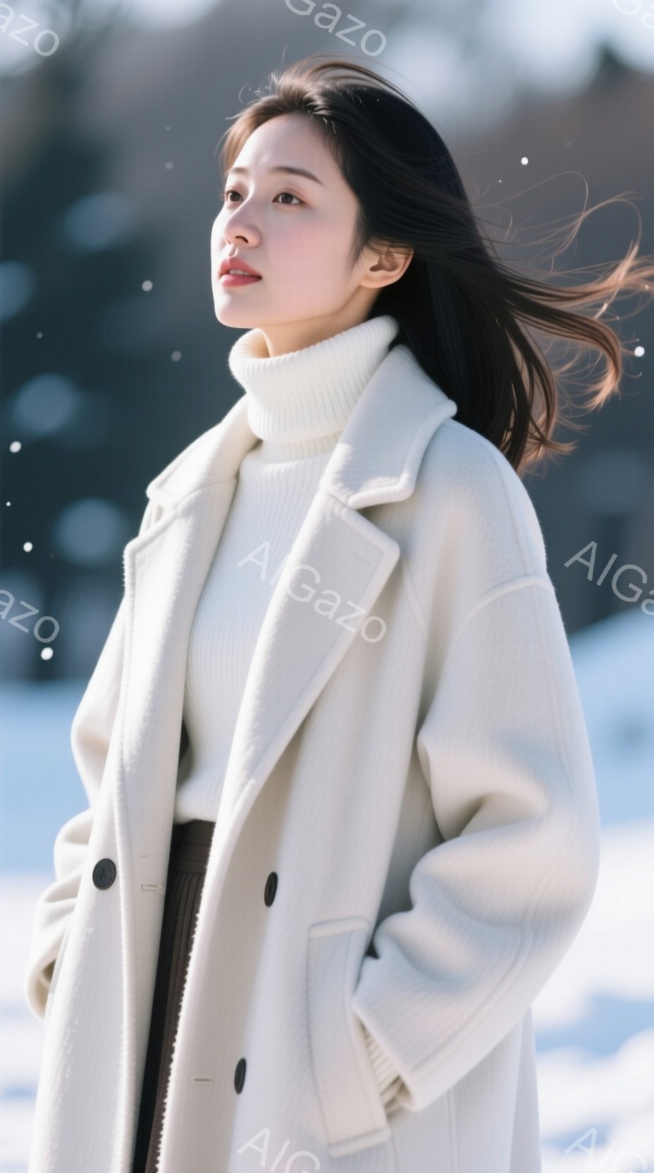 長い黒髪を風になびかせ、白いオーバーサイズのニットとコートを羽織った女性が写っています。彼女は少し上を見つめ、穏やかな表情を浮かべており、背景には雪景色が広がっています。全体的に、静かで、冬の空気感を - AI生成フリー素材