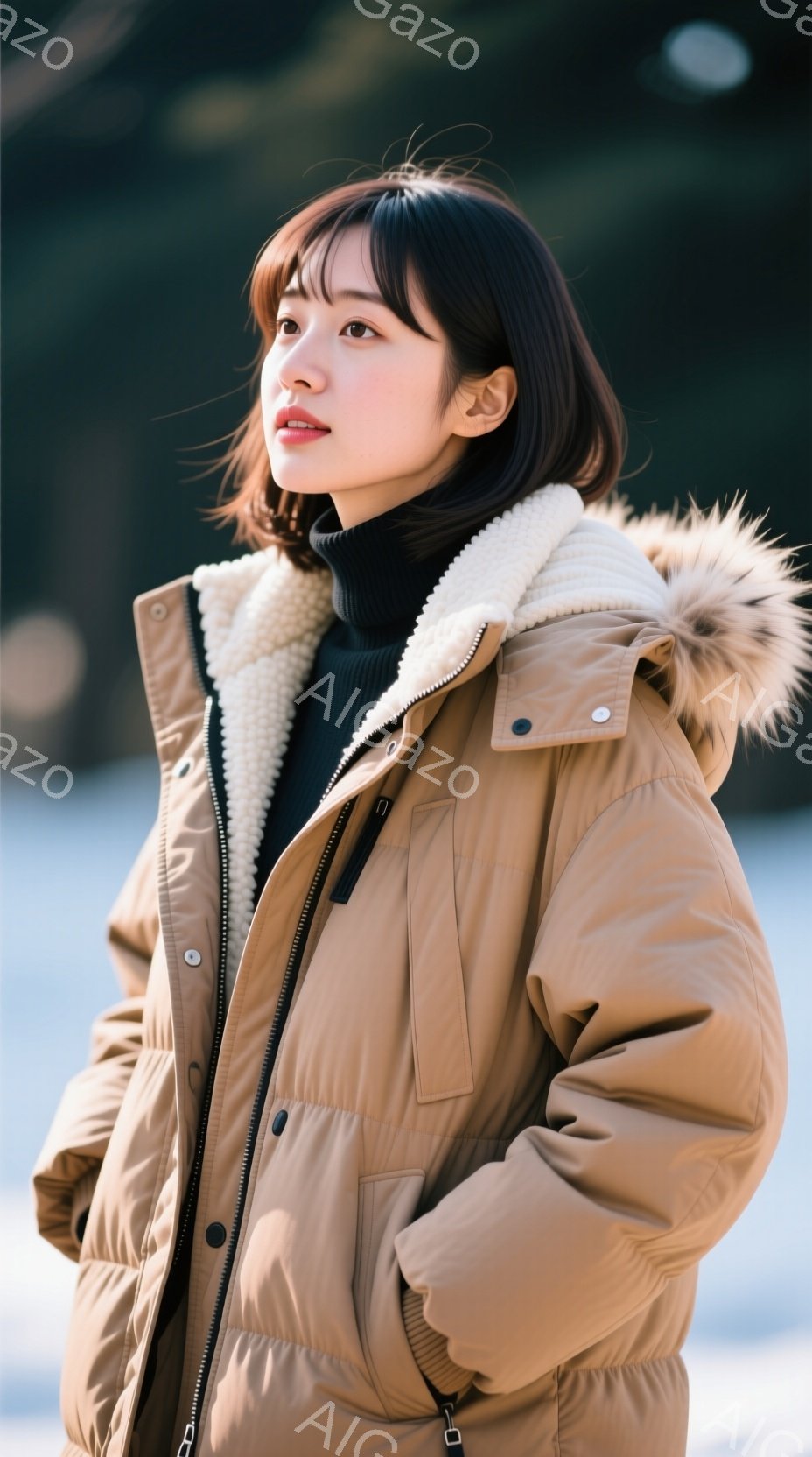 明るい茶色のファー付きの冬用ジャケットを着た若い女性が写っています。彼女は黒いタートルネックセーターを着ており、少し内巻きの短い黒髪は肩にかかっています。背景はぼやけていますが、建物と植物が見え、全体的に穏やかで冬らしい雰囲気です。