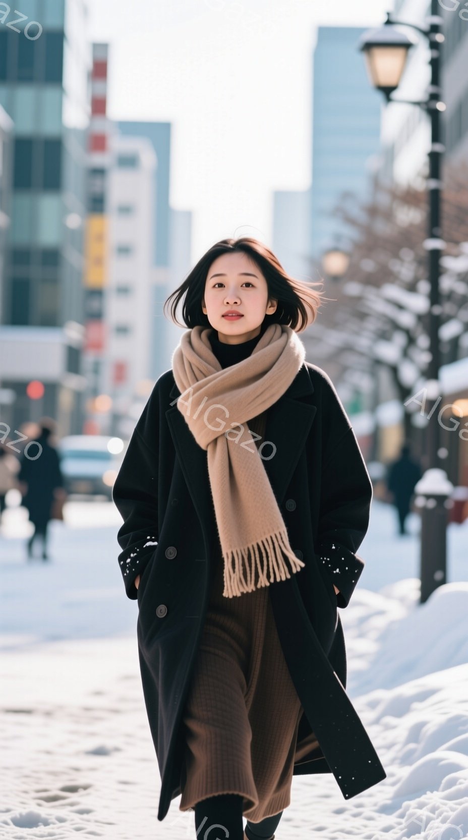 長い黒いコートに、ベージュのニットワンピースを合わせた女性が、雪の降る街を歩いている。彼女は黒髪を肩下まで伸ばし、表情はやや真剣で、冷たい冬の空気を感じさせる。背景には高層ビル群がそびえ立ち、雪景色と - AI生成フリー素材