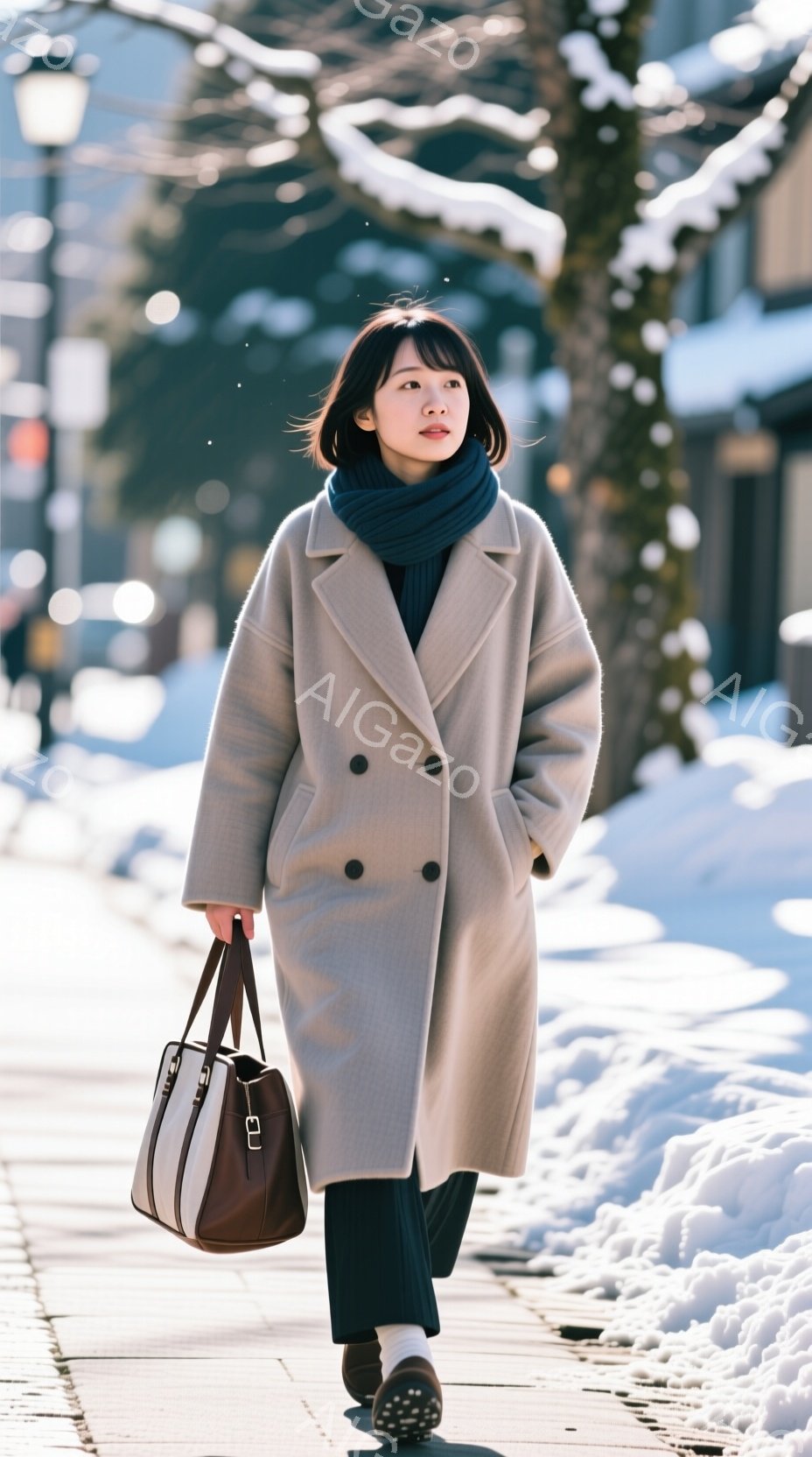 長いクリーム色のコートを羽織り、濃い青色のセーターと黒いパンツを身につけた女性が歩いている。彼女は短い前髪とボブヘアで、表情は穏やかで落ち着いている。背景には雪に覆われた建物と道路があり、冬の穏やかな - AI生成フリー素材