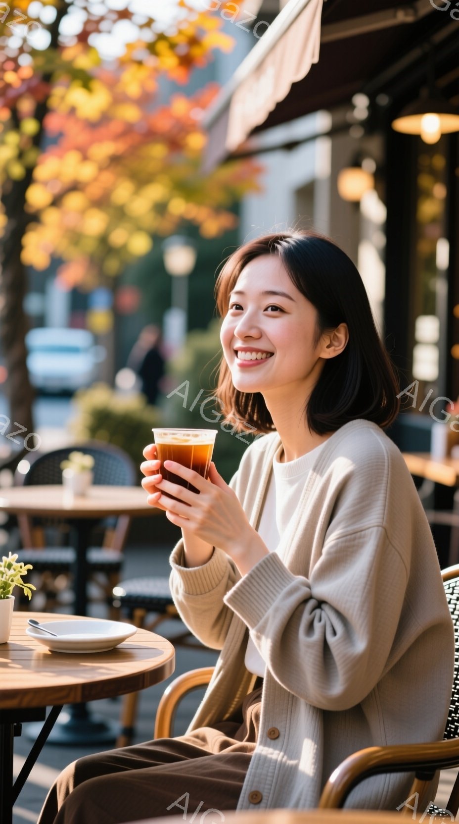 明るい笑顔を浮かべた女性が、屋外カフェの席に座り、グラスに入った飲み物を楽しんでいます。ベージュのカーディガンを着ており、髪は肩までの長さで、軽くウェーブがかかっています。背景には、カフェのパラソルや - AI生成フリー素材